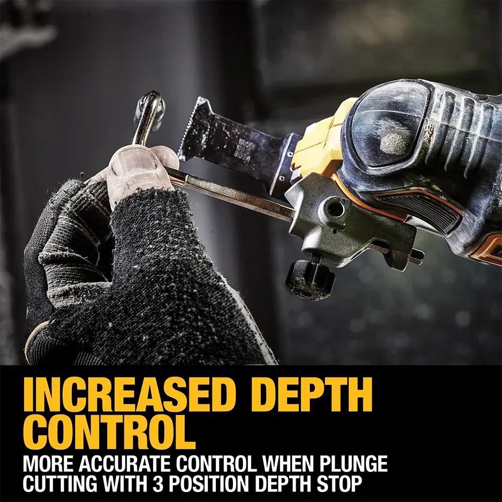 Gloved hand uses DEWALT DCS356NT oscillating tool to cut metal hook in close-up view.