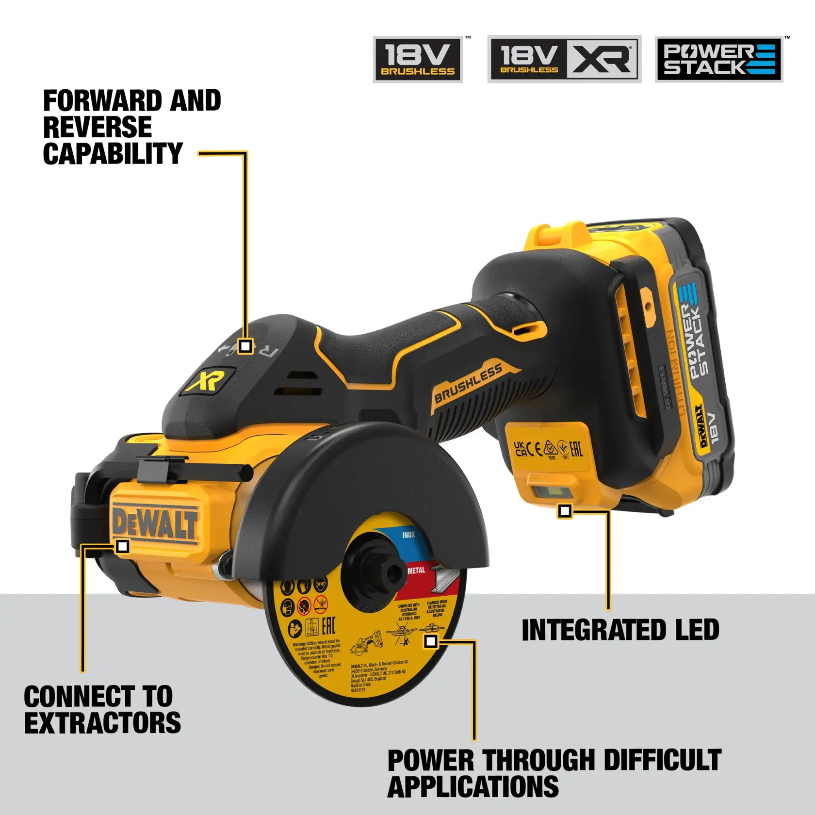 DEWALT DCS438E2T 18V Brushless XR Powerstack cordless cut-off tool, shown with key features highlighted: works in both forward and backward cutting directions, compatible with a dust extraction system, integrated LED lamp, and extreme power.
