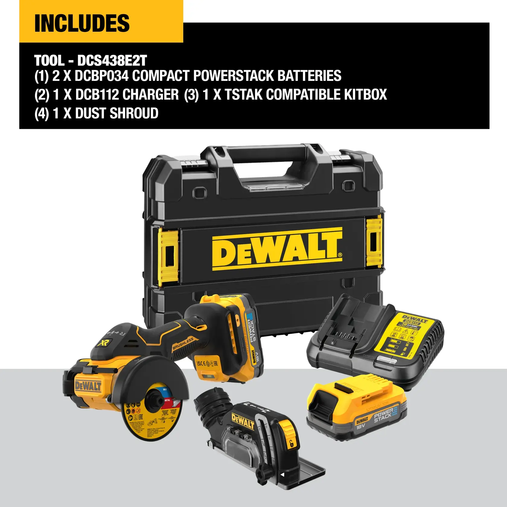 DEWALT DCS438E2T kit containing a compact power tool, two Powerstack batteries, a charger, a removable dust cover, and a TSTAK case. All items are arranged in front of a black and yellow DEWALT branded carrying case.