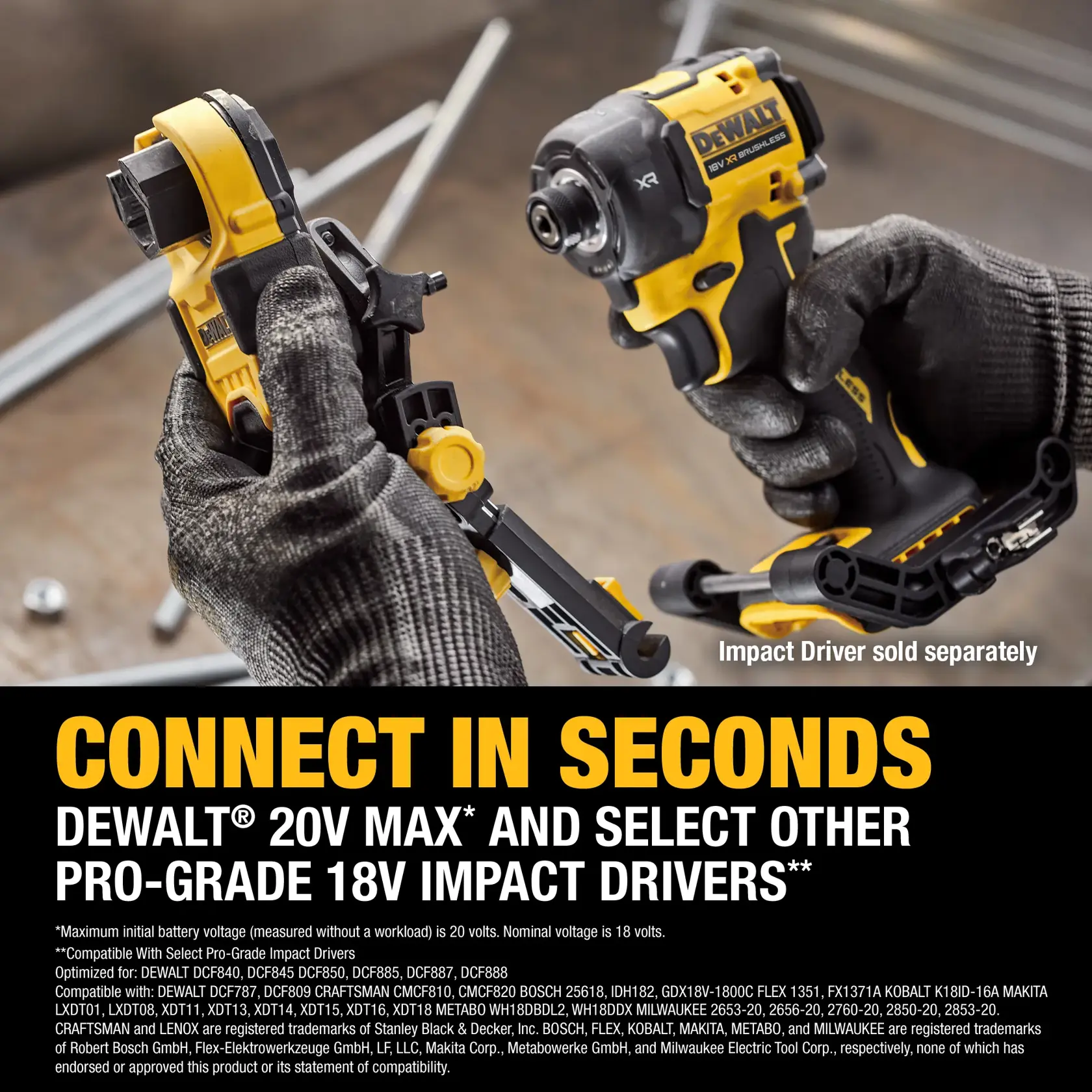 Manos con guantes usan herramienta DEWALT para cortar barra metálica en mesa de taller con tuercas.