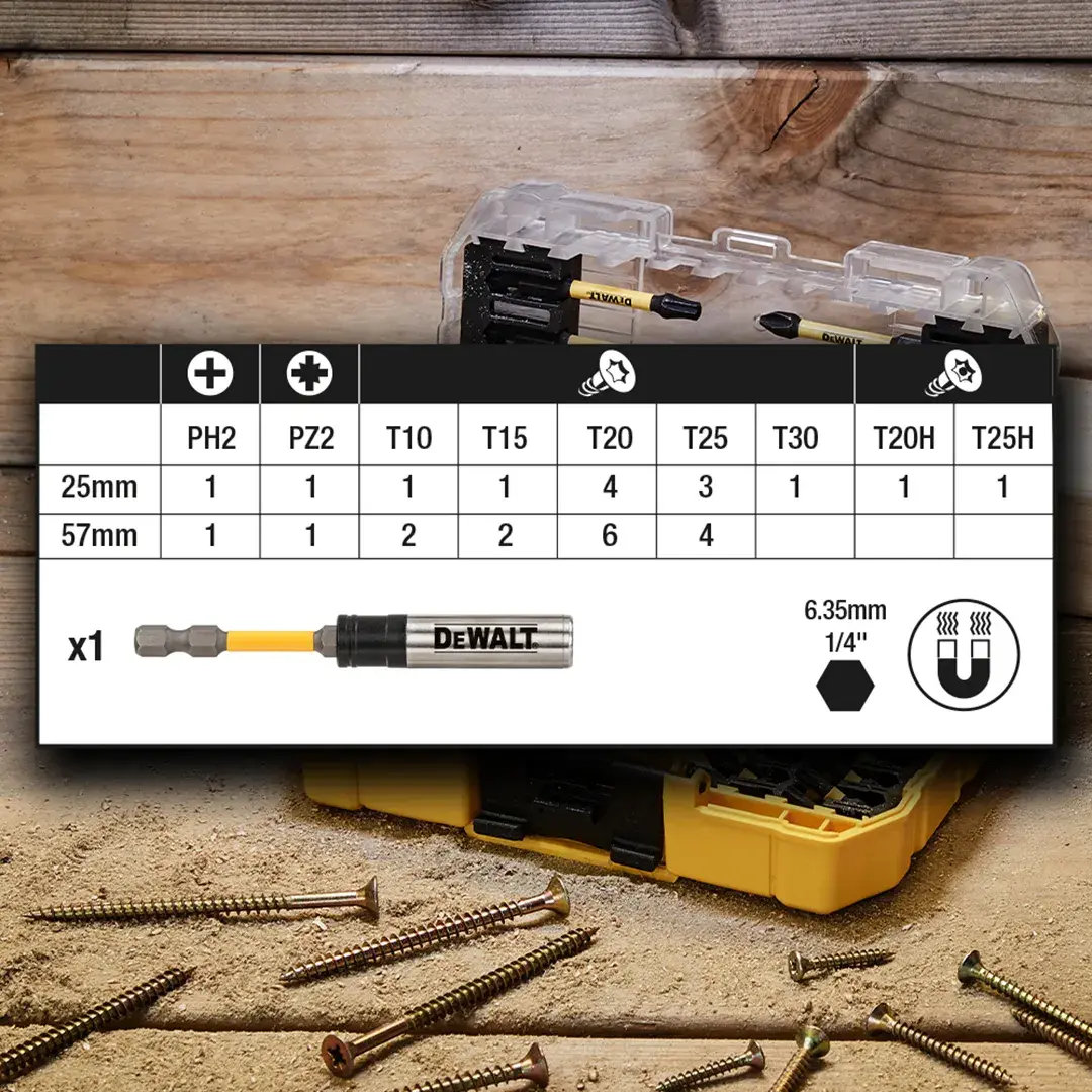 DEWALT DT70738T bit set with case, magnetic bit holder and screws. Type and quantity info chart included.