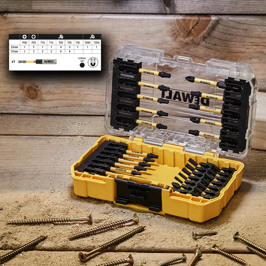 DEWALT DT70738T screwdriver bit set in yellow case with various bits, screws and diagram on wooden surface.
