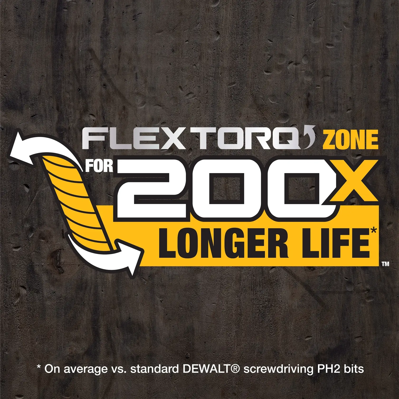 DEWALT graphic claims FlexTorq Zone gives bits 200x longer life vs standard PH2 bits.