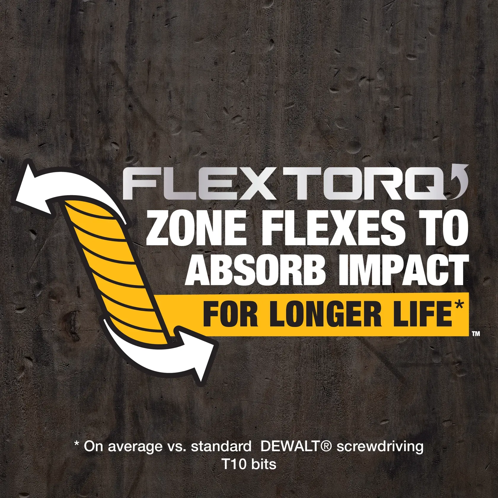 DEWALT FLEXTORQ graphic: impact absorption zone for longer bit life, screw with yellow arrows.