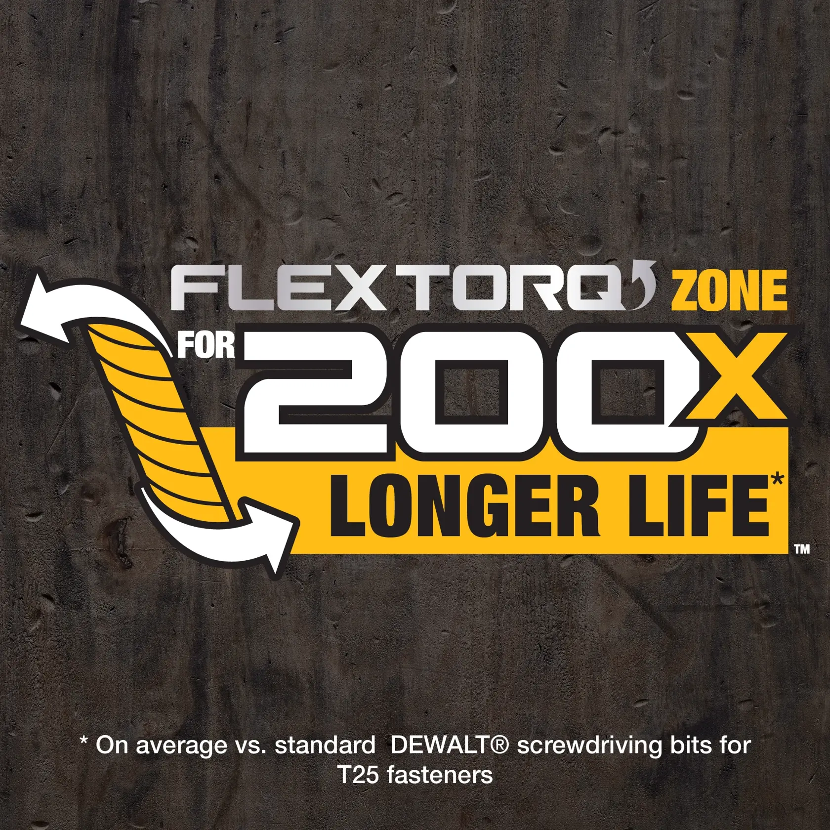 Graphic promoting DEWALT FlexTorq Zone screwdriving bits, highlighting '200x longer life' compared to standard DEWALT screwdriving bits for T25 fasteners.