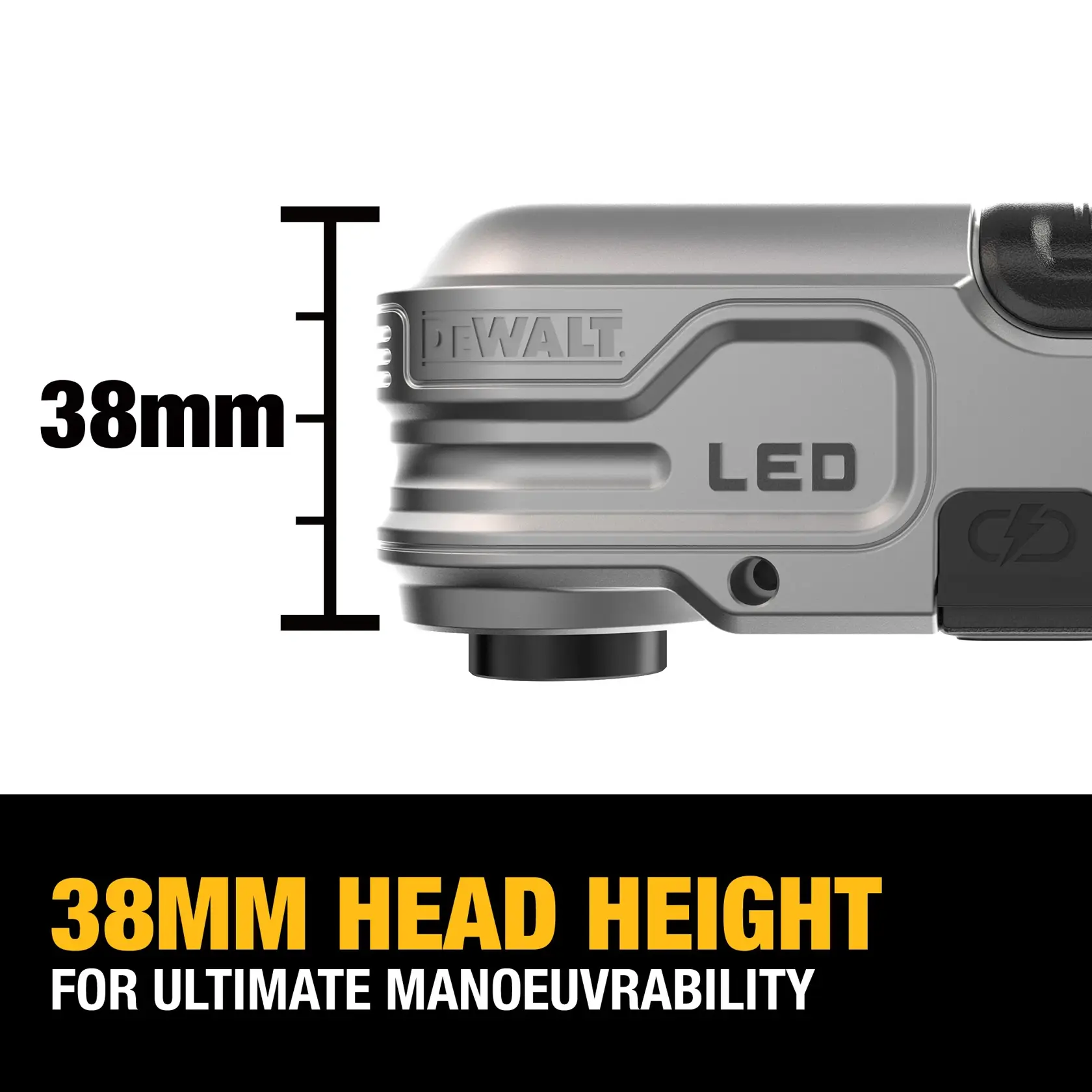 DEWALT LED-Winkelaufsatz sendet Licht aus, dargestellt vor schwarzem Hintergrund.