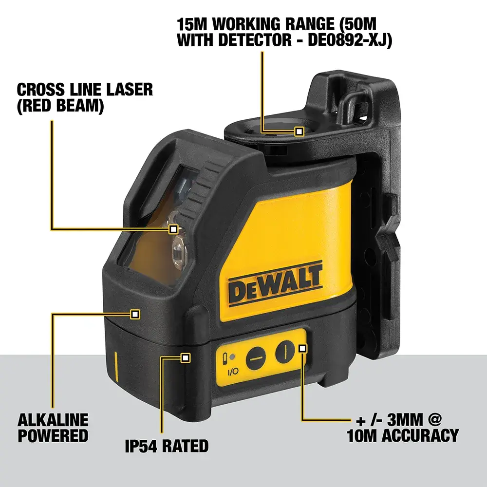 DEWALT DW088K laser level projects a red line in a construction area with a worker installing drywall.