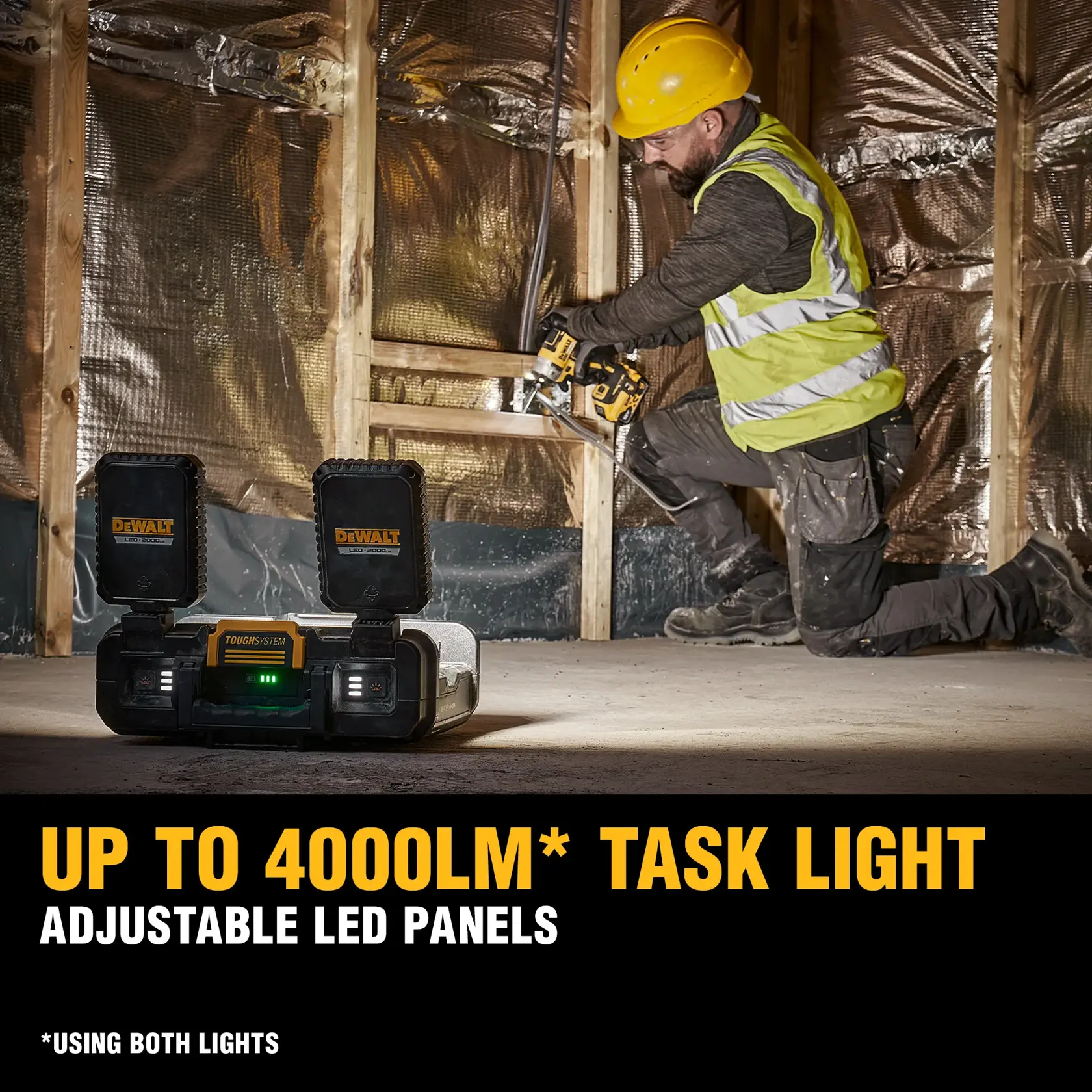 DEWALT ToughSystem 2.0 promotional graphic with the slogan 'Storage Built to Handle It' in large, bold yellow lettering on a dark, textured background.
