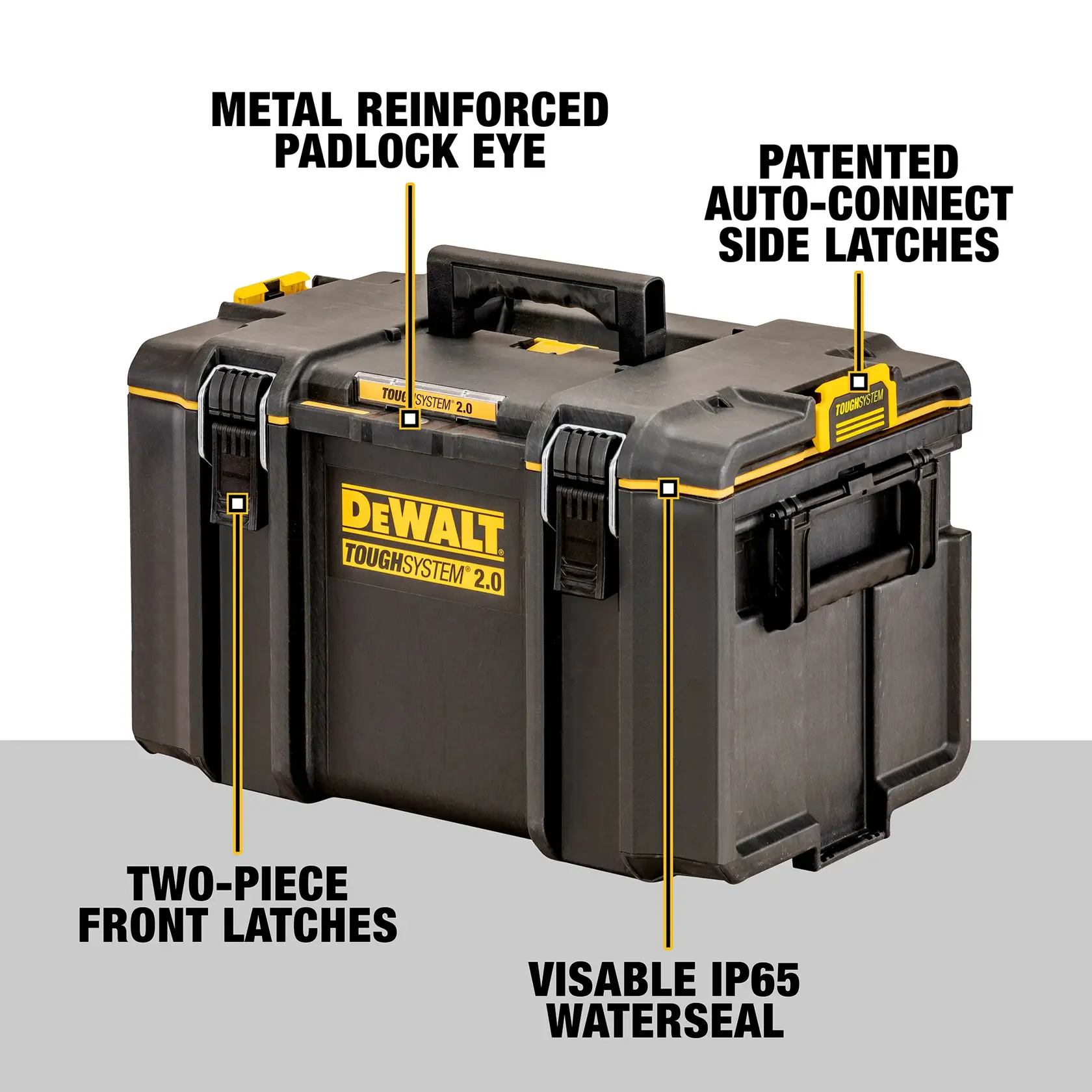 DEWALT ToughSystem 2.0 promotional graphic with the slogan 'Storage Built to Handle It' in large, bold yellow lettering on a dark, textured background.