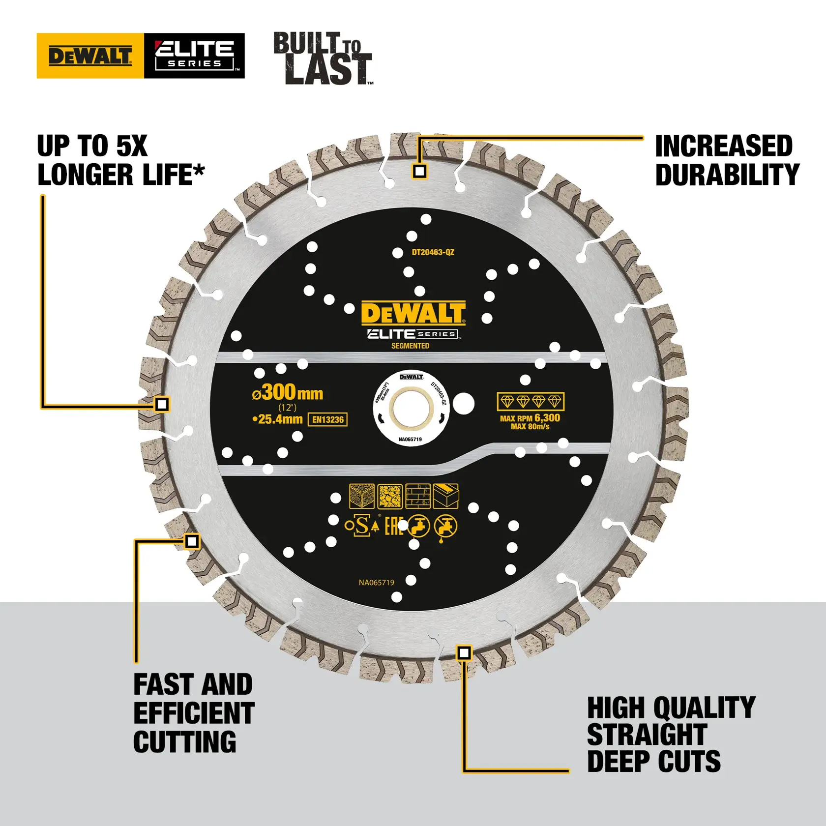Lâmina segmentada DEWALT diamantada, 300mm, Elite Series, corte, max RPM 6300, SKU DT20463.