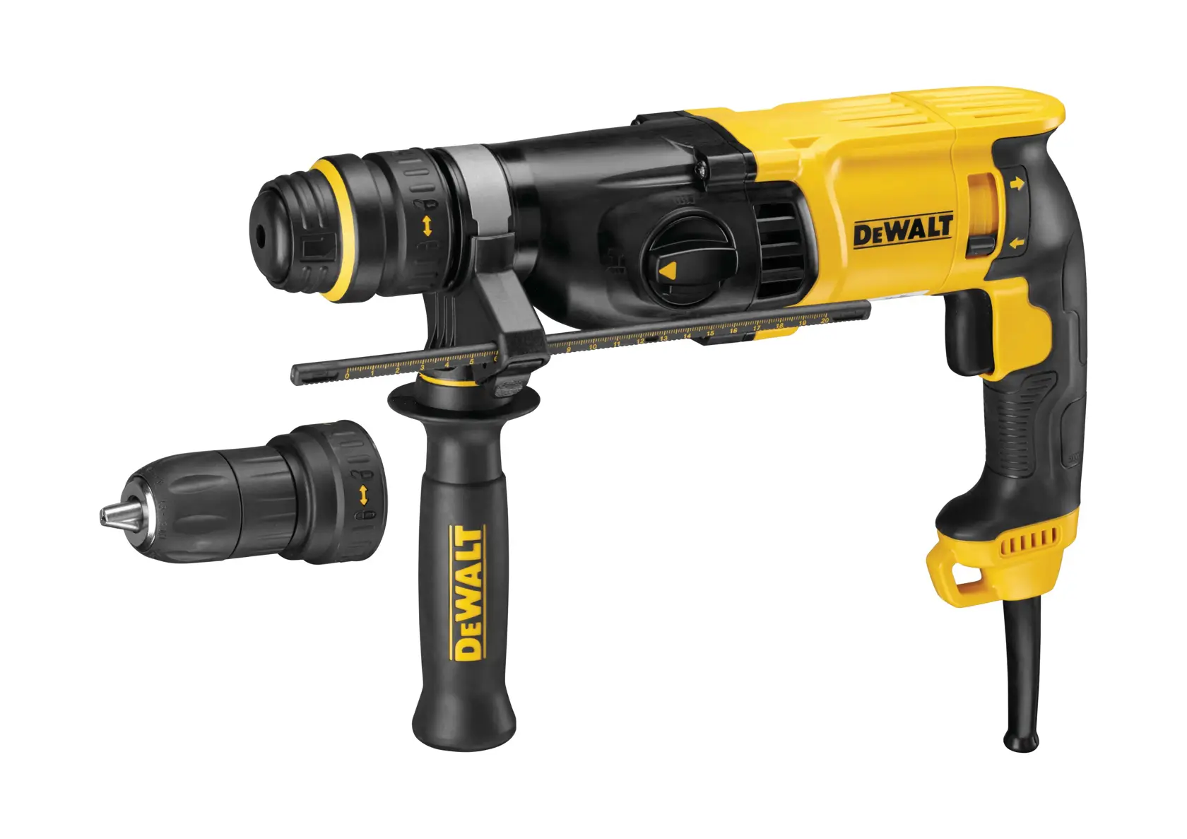 Ein elektrischer DEWALT Bohrhammer in Gelb und Schwarz mit Seitengriff und abnehmbarem Bohrfutter-Aufsatz, gezeigt vor weißem Hintergrund.