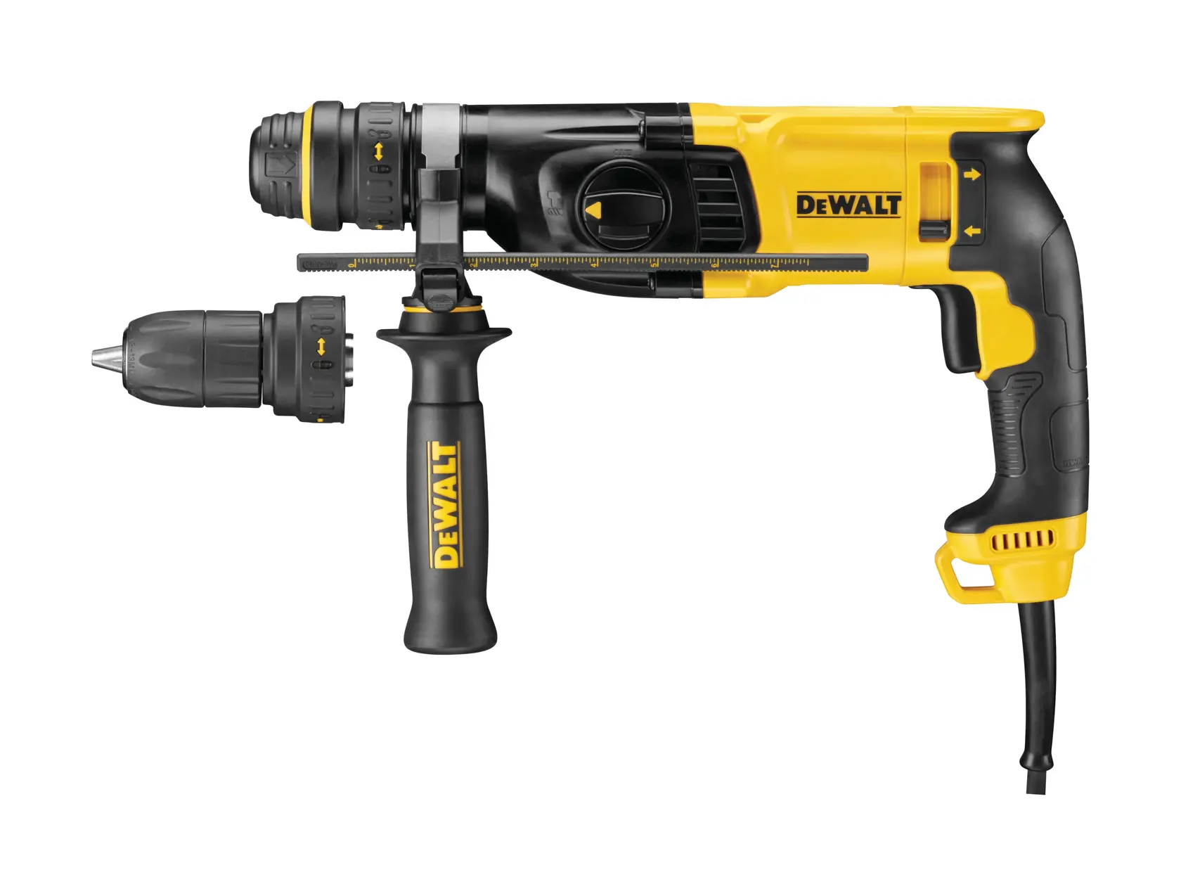 Eine DEWALT kabelgebundene Schlagbohrmaschine mit schwarzem und gelbem Design, seitlichem Griff und Tiefenmessstange, dargestellt mit einem austauschbaren Bohrfutter.