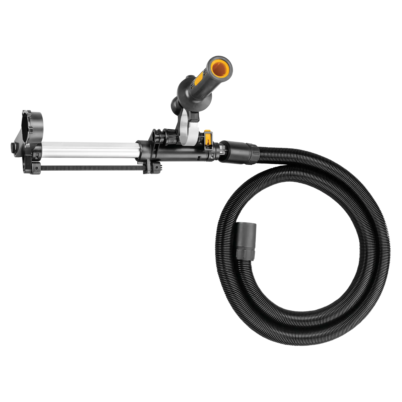 DEWALT D25301 dust extraction attachment for rotary hammer drills, with a long flexible hose and adjustable arm, shown against a white background.