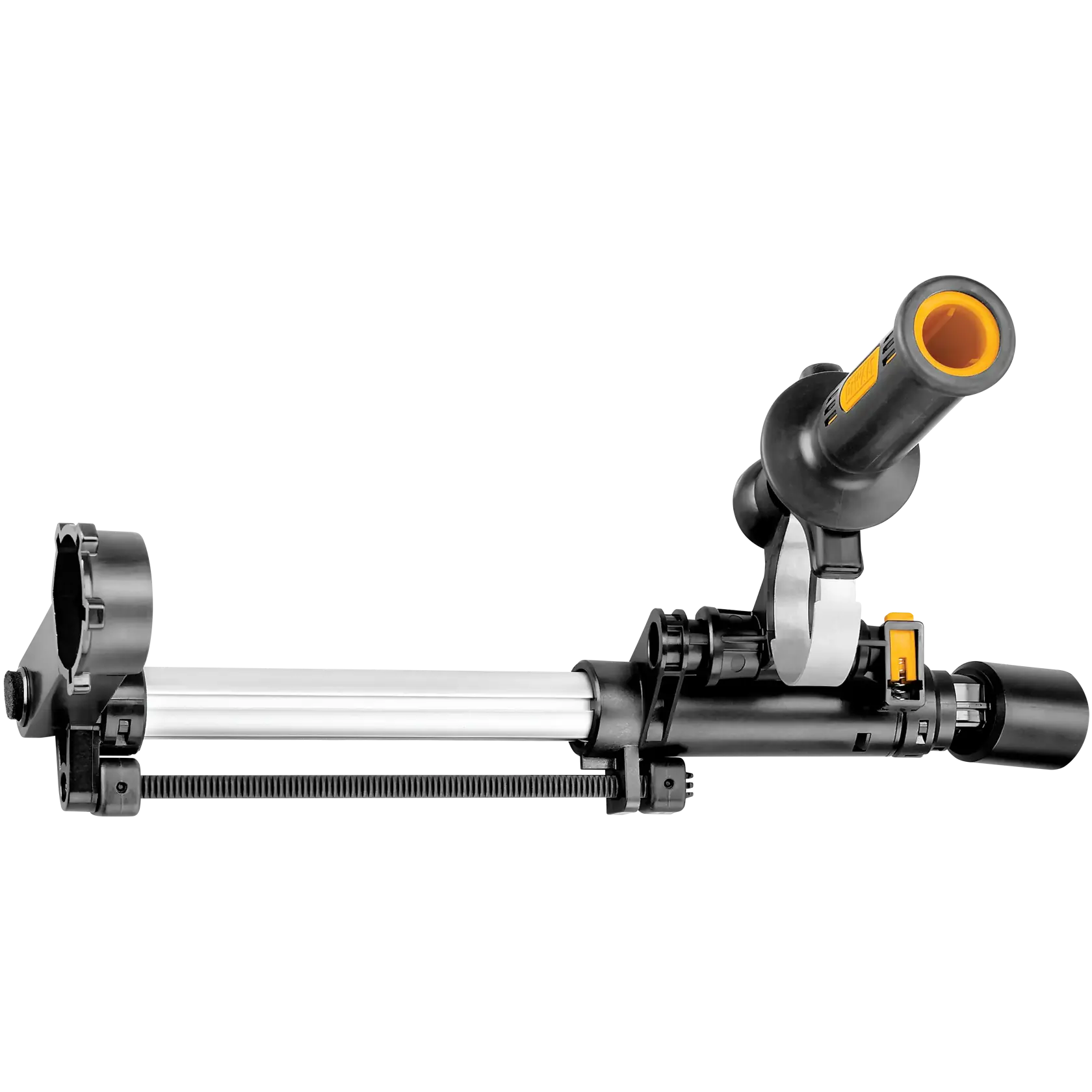 A close-up of a DEWALT detachable dust extraction unit, designed for use with compatible rotary hammer tools. The unit features a cylindrical nozzle, an adjustable arm, and a mounting bracket.