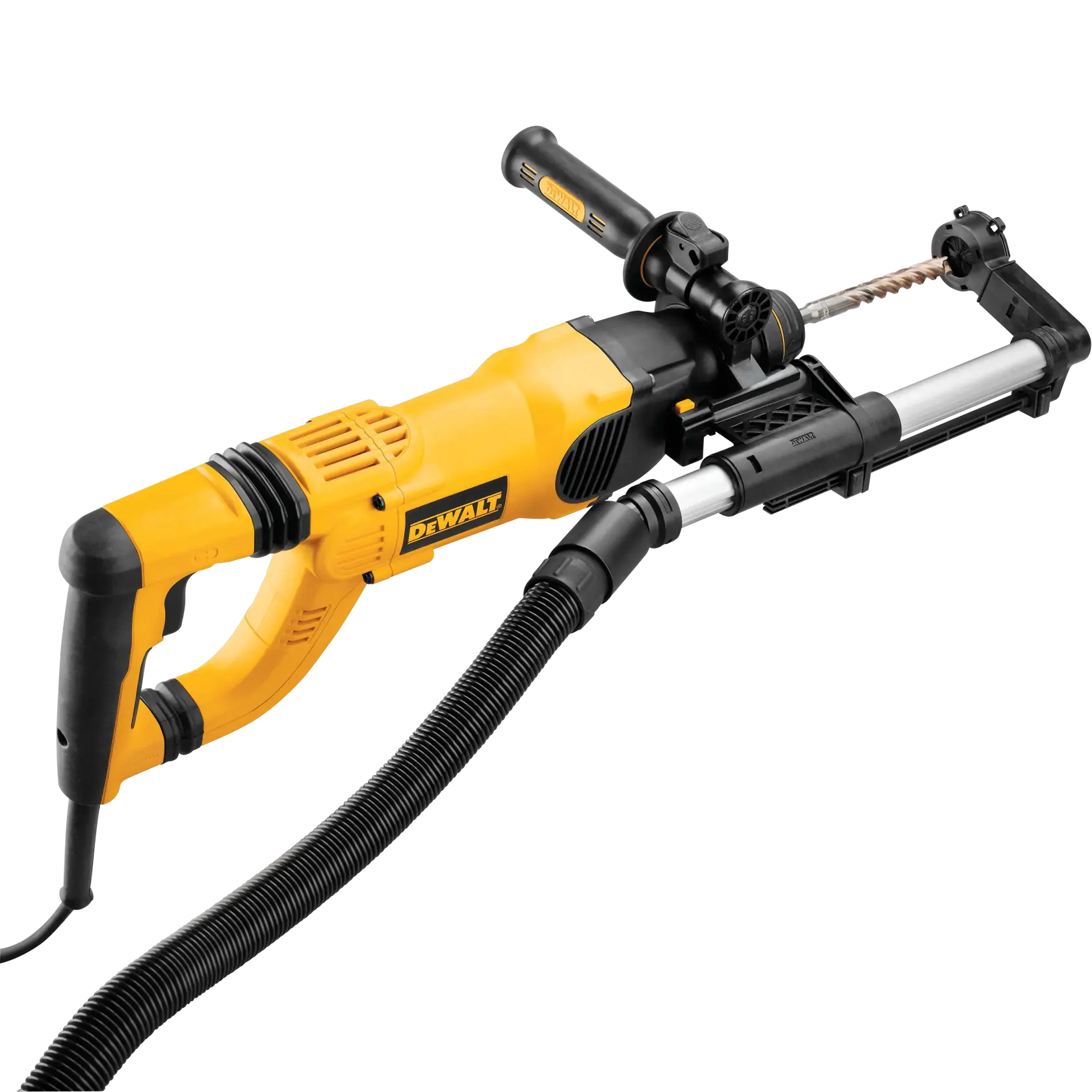A yellow and black DEWALT power drill with an attached dust extraction system, suitable for professional use in construction or DIY projects.