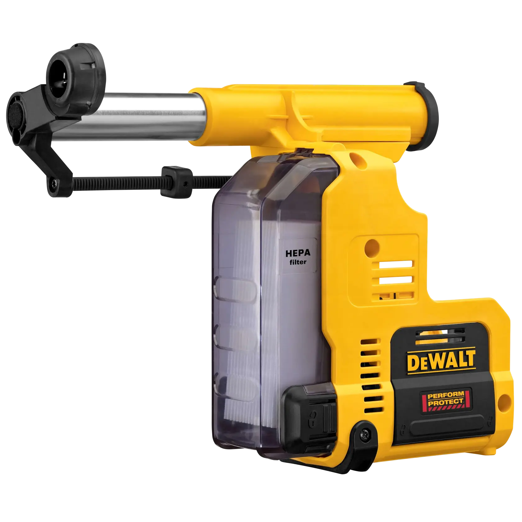 DEWALT D25303DH yellow and black dust extraction attachment for drills, featuring a HEPA filter and clamp mechanism, designed for collecting dust during drilling.