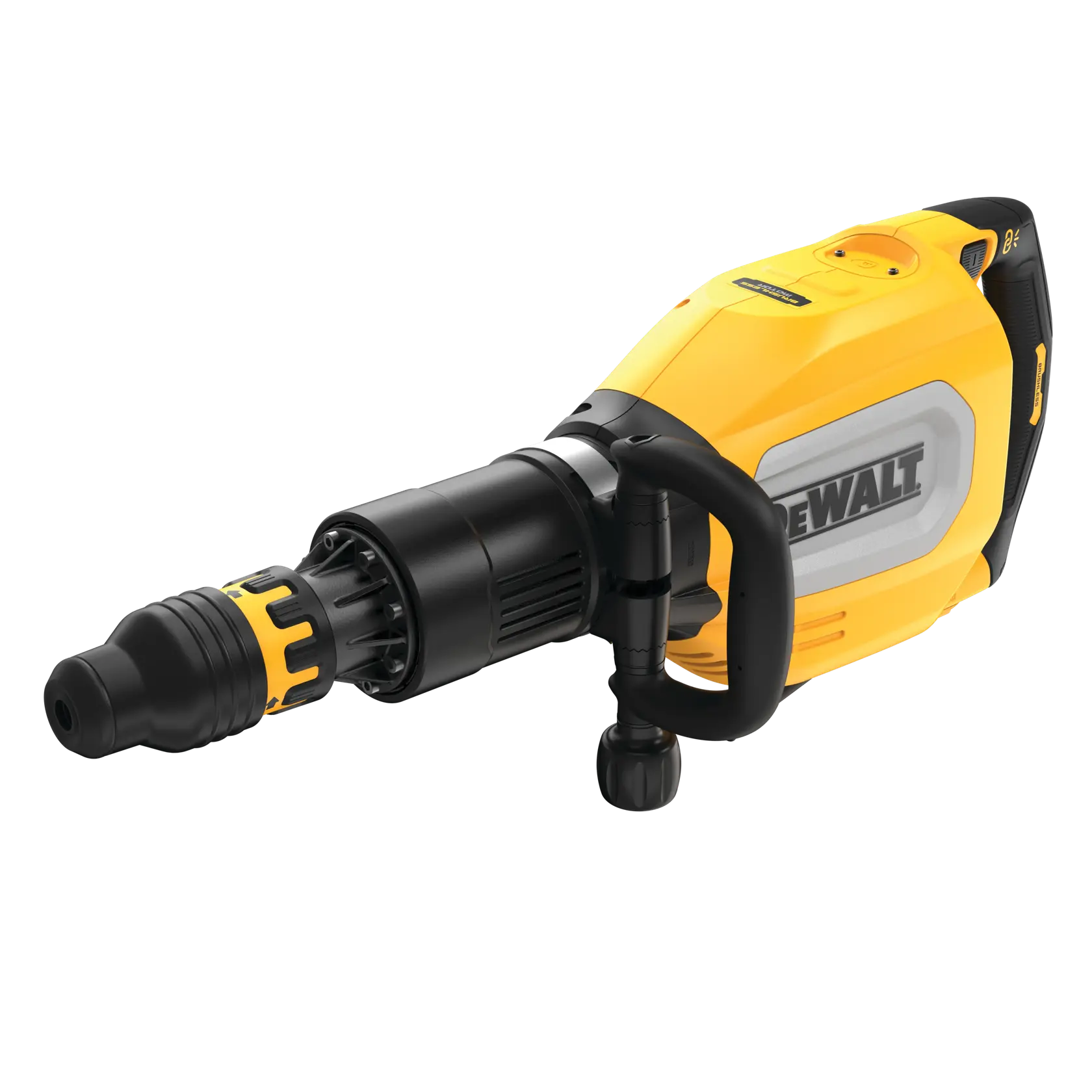 Martillo demoledor DEWALT amarillo con mango y accesorio negro, mostrado sobre fondo blanco.