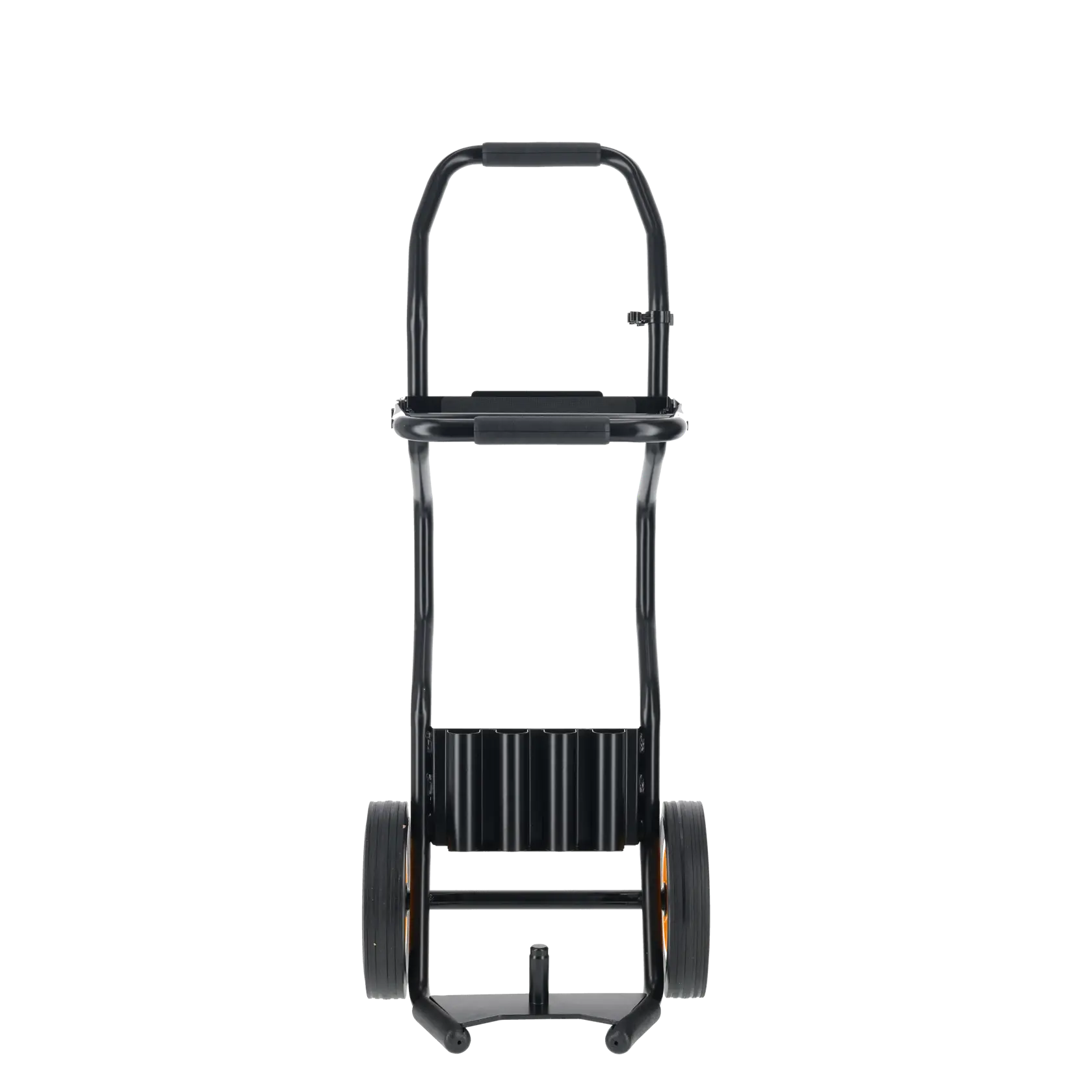 A DEWALT-branded hand truck with a black metal frame and two large wheels, designed for transporting heavy equipment. The wheels have yellow rims and the handle area shows the DEWALT logo.