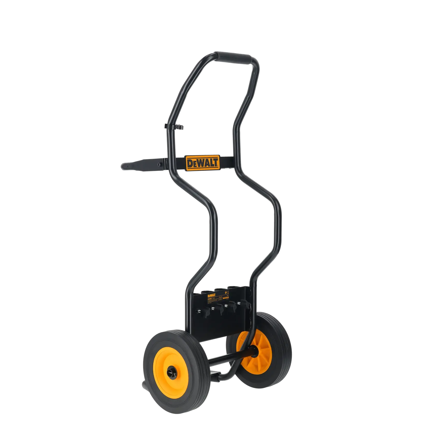 A DEWALT-branded hand truck with a black metal frame and two large wheels, designed for transporting heavy equipment. The wheels have yellow rims and the handle area shows the DEWALT logo.