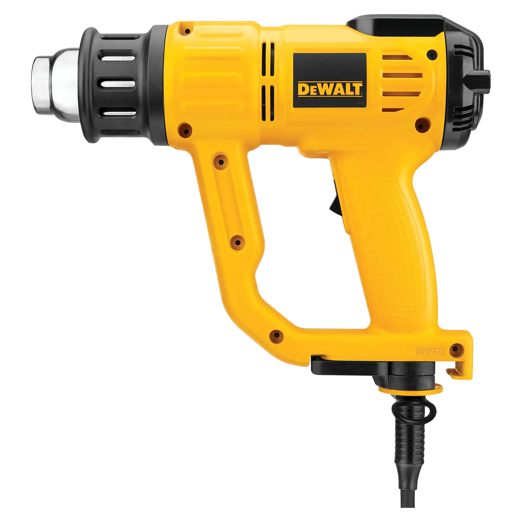 Pistola de calor DEWALT amarilla y negra con cable de alimentación, mango ergonómico y boquilla de metal, mostrada sobre fondo blanco.
