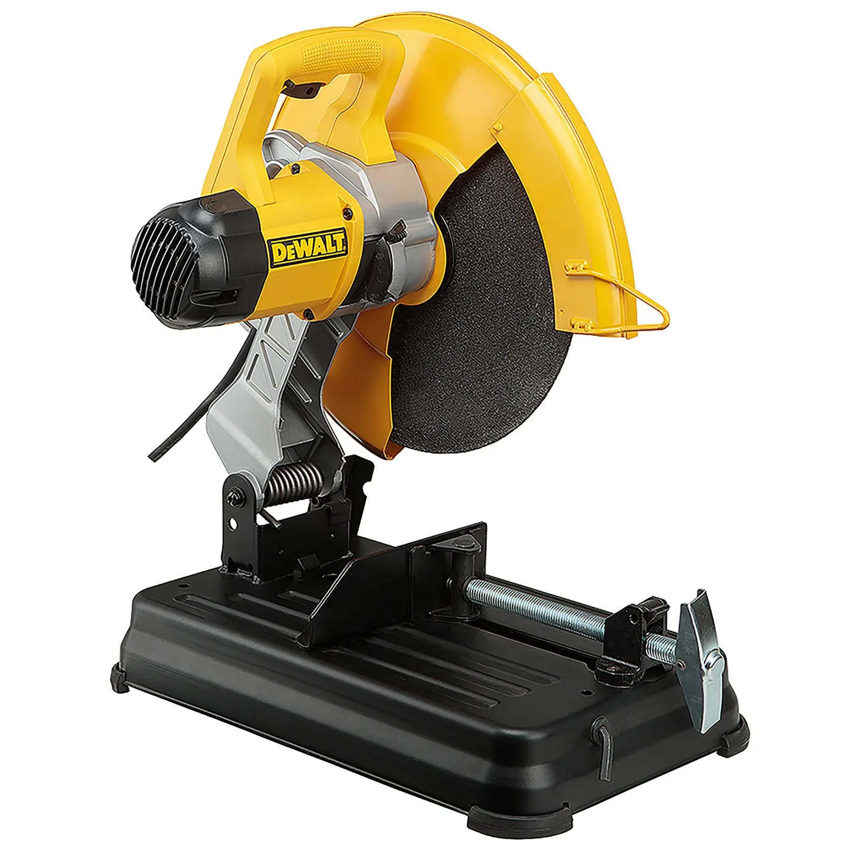 Una sierra de corte para metal DEWALT amarilla y negra con protector de disco y base resistente con abrazadera para asegurar materiales, adecuada para uso industrial y de taller.