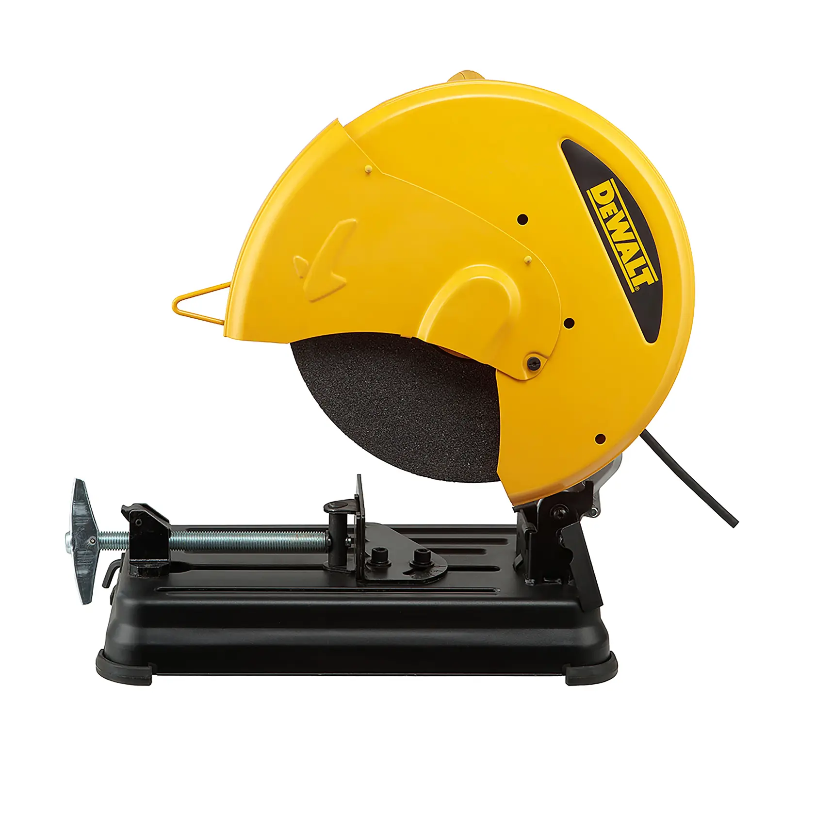 Una sierra de corte de metal DEWALT con protector de hoja amarillo y base negra, diseñada para cortar materiales metálicos.