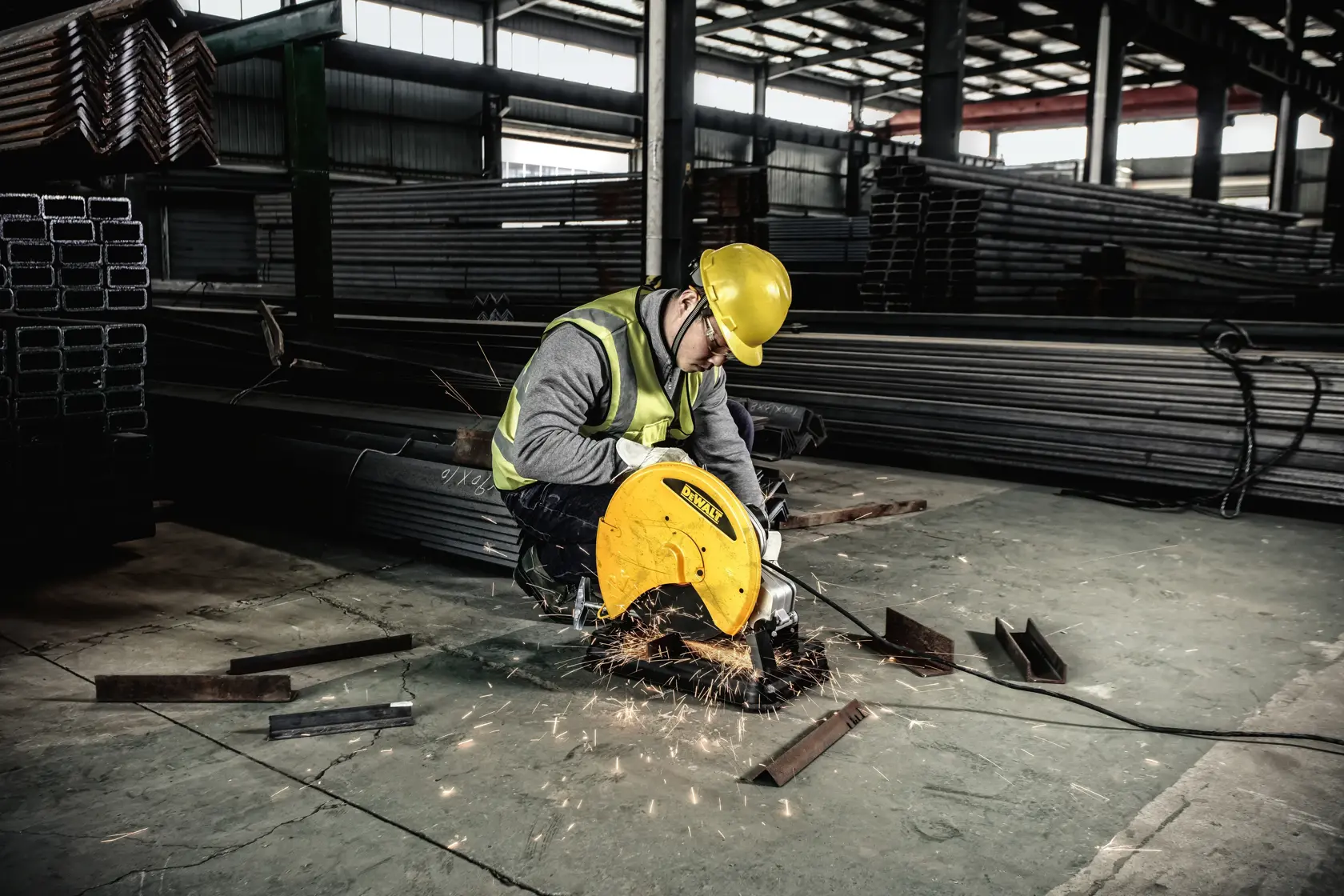 Una persona con casco de seguridad amarillo y chaleco de alta visibilidad opera una sierra de corte DEWALT, cortando piezas de metal en un almacén industrial con vigas metálicas apiladas al fondo.