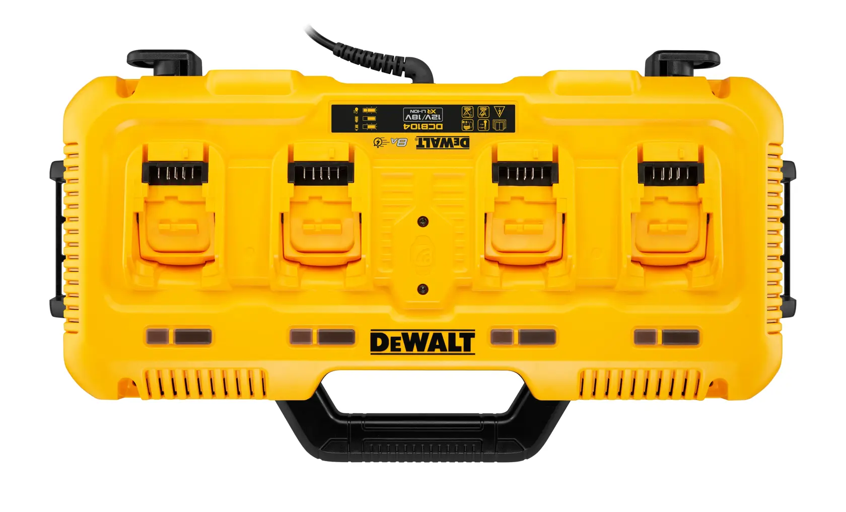 DEWALT DCB104 yellow four-port battery charger for power tools, top view with handle and charging slots.