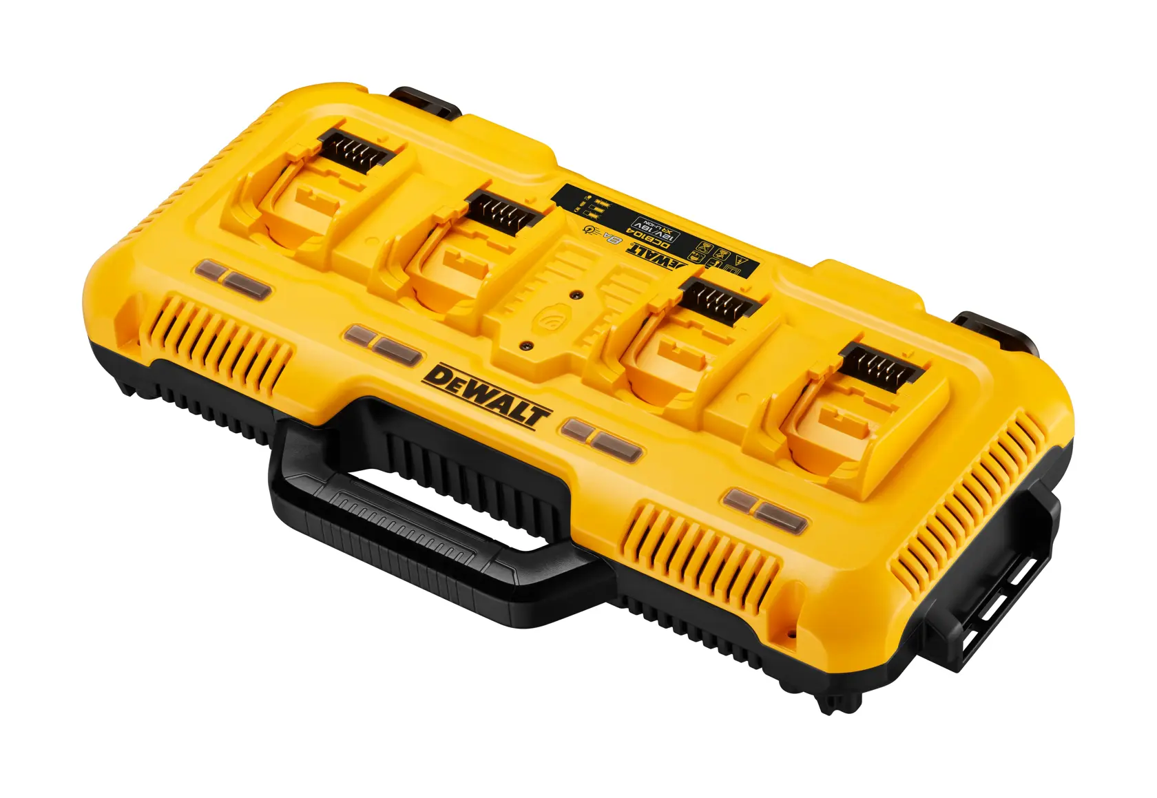 DEWALT DCB104 yellow multi-port battery charger with handle, shown against a white background.