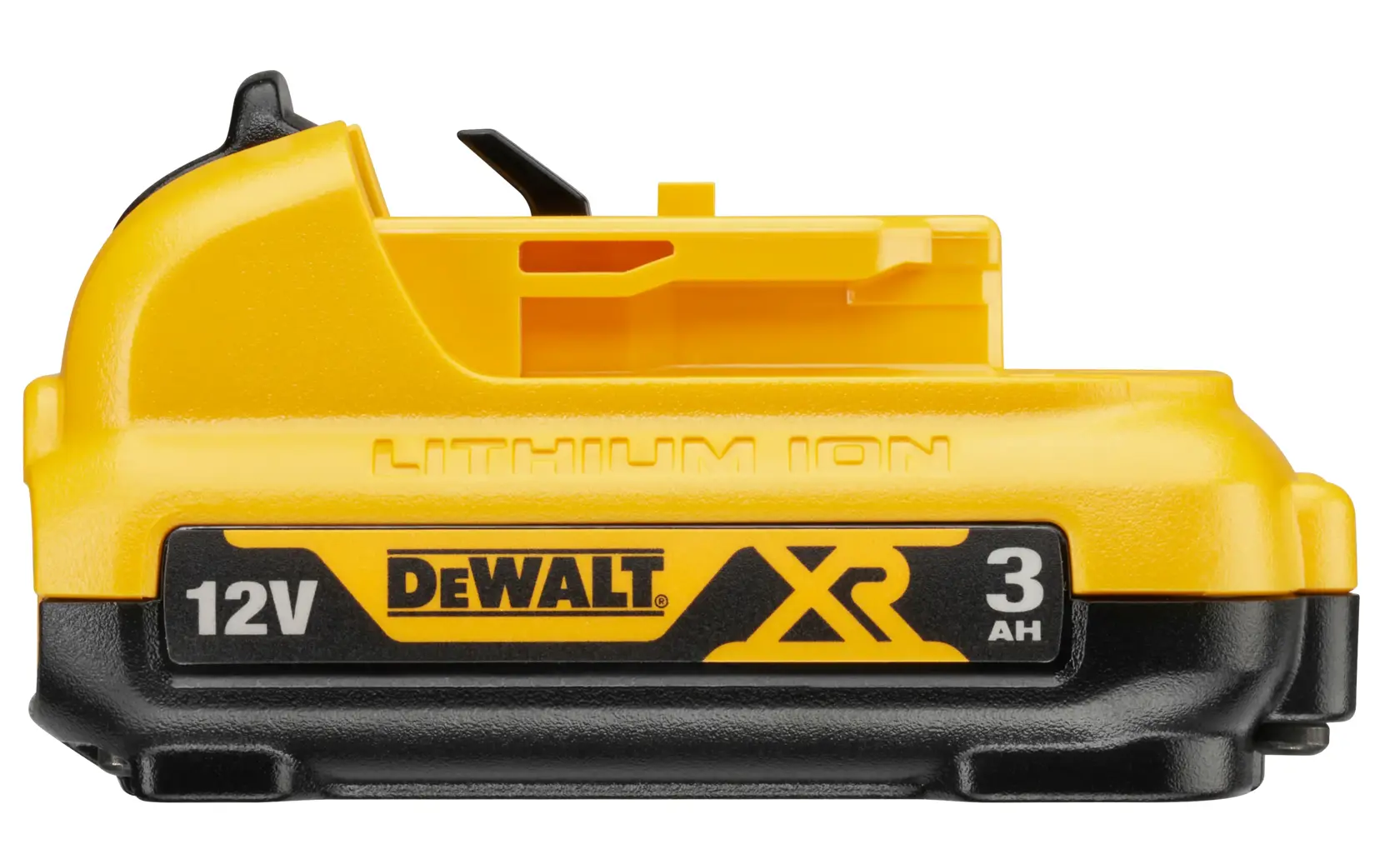 A DEWALT lithium-ion battery shown in close-up, labeled 12V MAX and 3Ah. The battery is yellow and black with the DEWALT logo clearly visible.