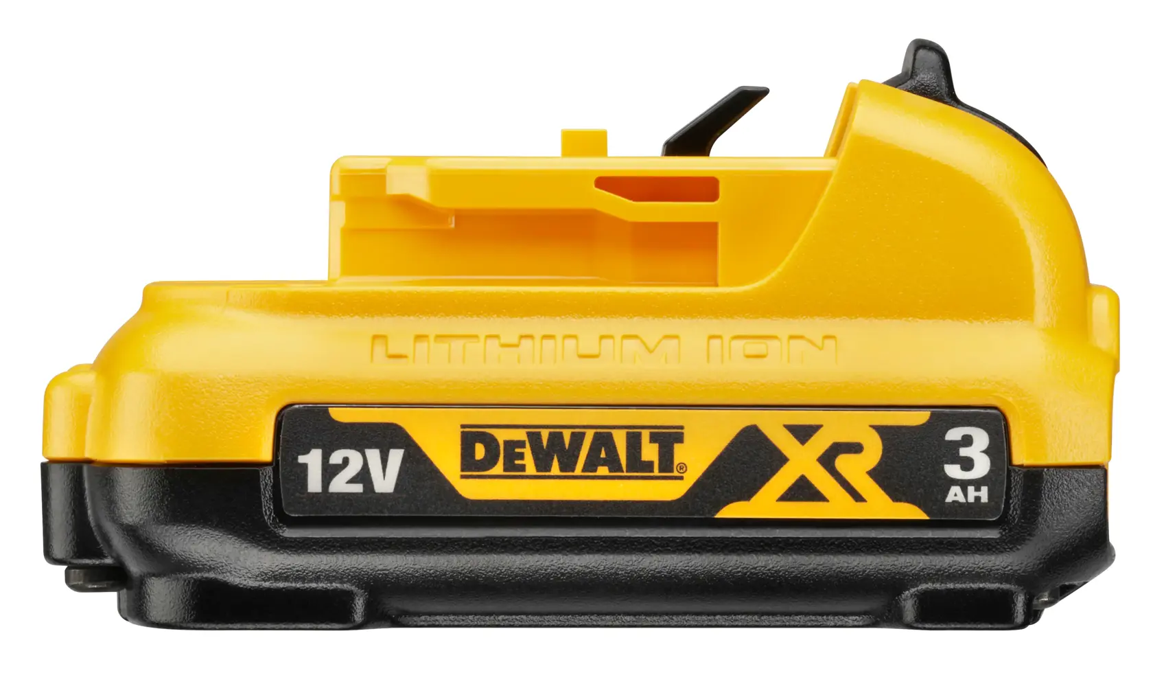 Une batterie lithium-ion DEWALT en gros plan, indiquée 12V MAX et 3Ah. La batterie est jaune et noire avec le logo DEWALT bien visible.