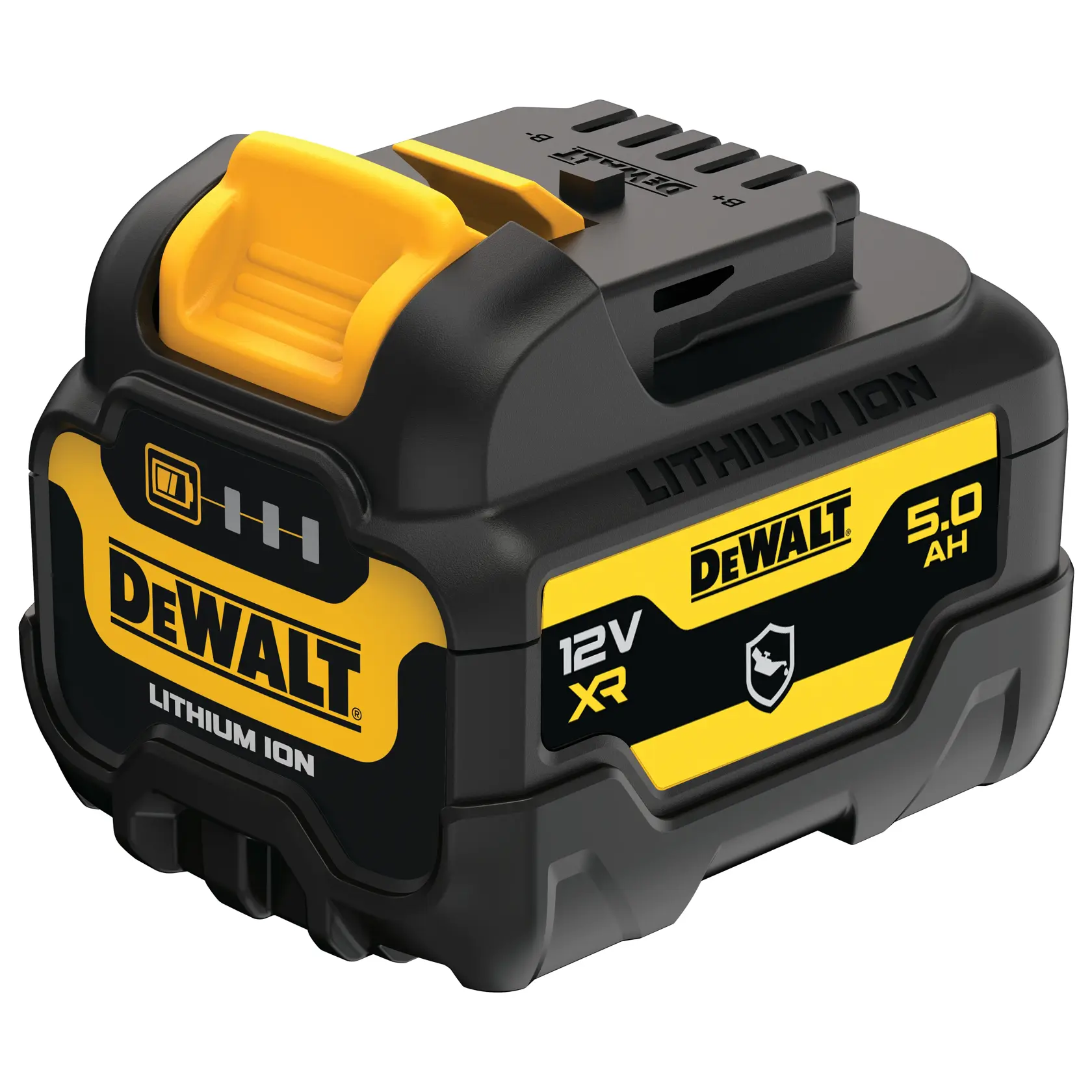 Ein DEWALT 12V XR Lithium-Ionen-Akku mit 5,0 Ah Kapazität, schwarzem und gelbem Design, Ladezustandsanzeige und Markenkennzeichnung.