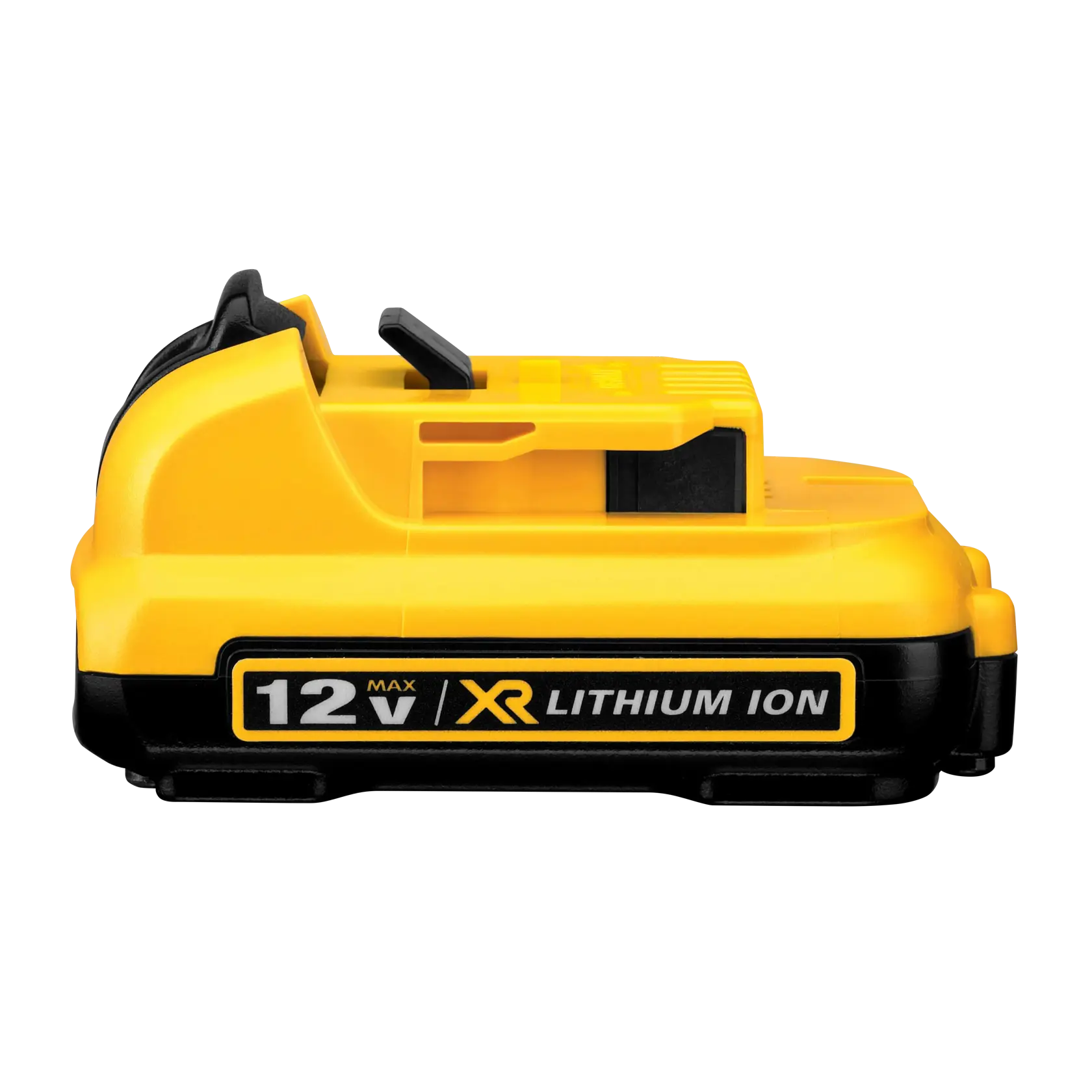 A DEWALT 12V XR Lithium Ion battery, shown in a side view with yellow and black casing and labeled on the side.