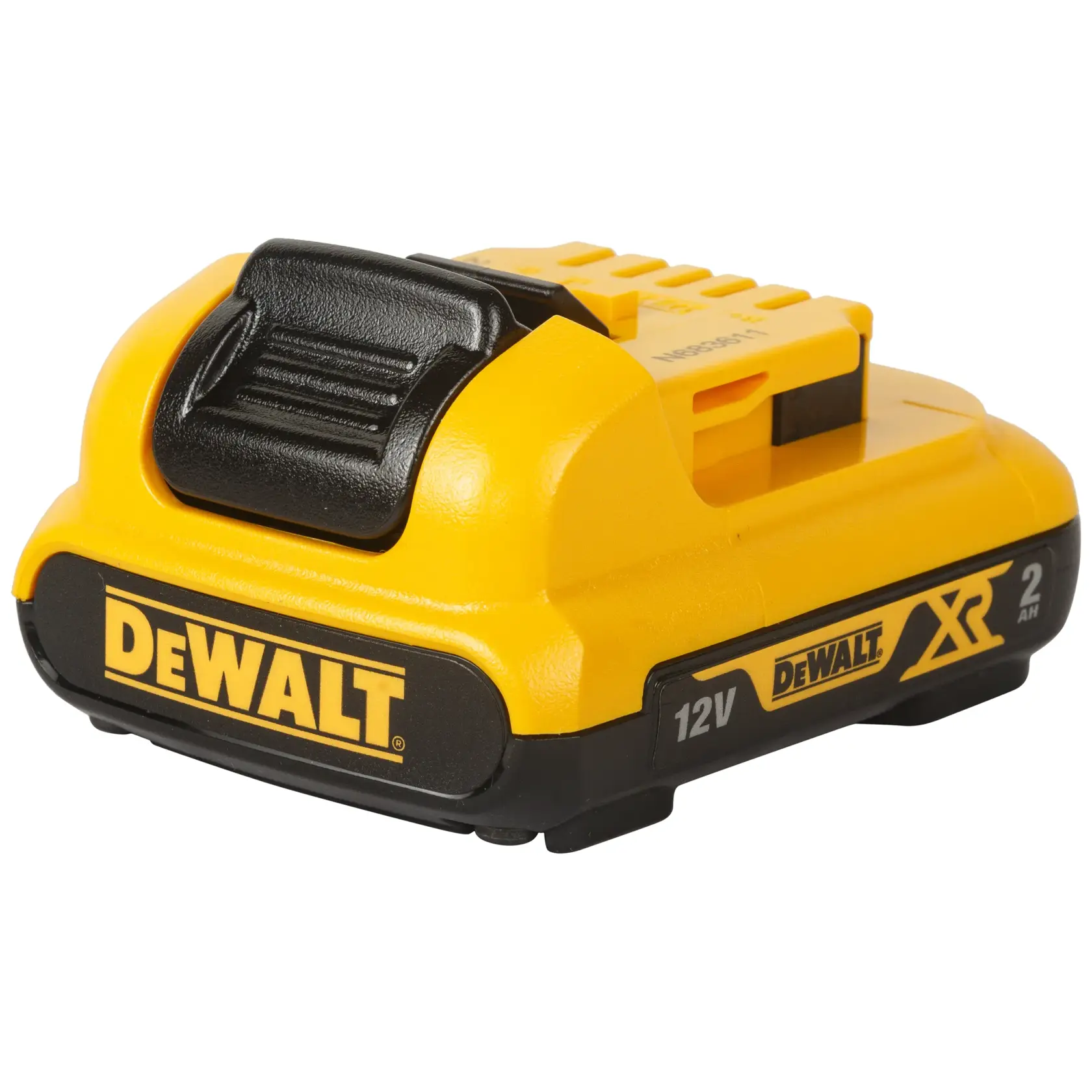A DEWALT 12V XR Lithium Ion battery, shown in a side view with yellow and black casing and labeled on the side.