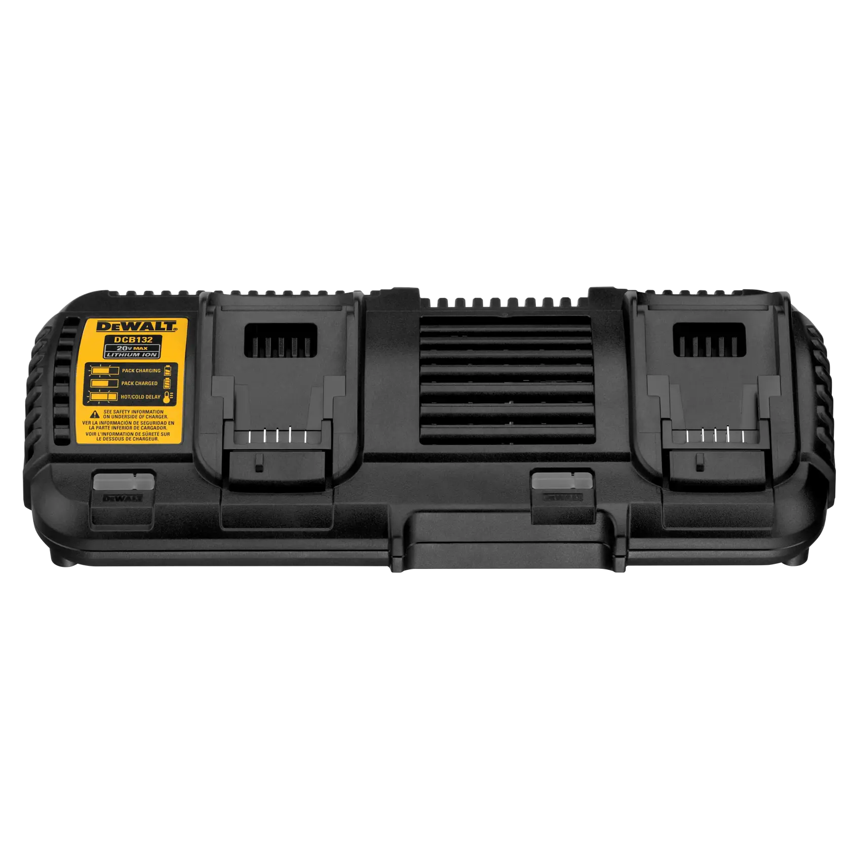 Vorderansicht eines DEWALT DCB132 Doppelladegeräts mit zwei separaten Ladeschächten und einem gelben Produktetikett auf der linken Seite, entwickelt zum Laden von Lithium-Ionen-Akkus.