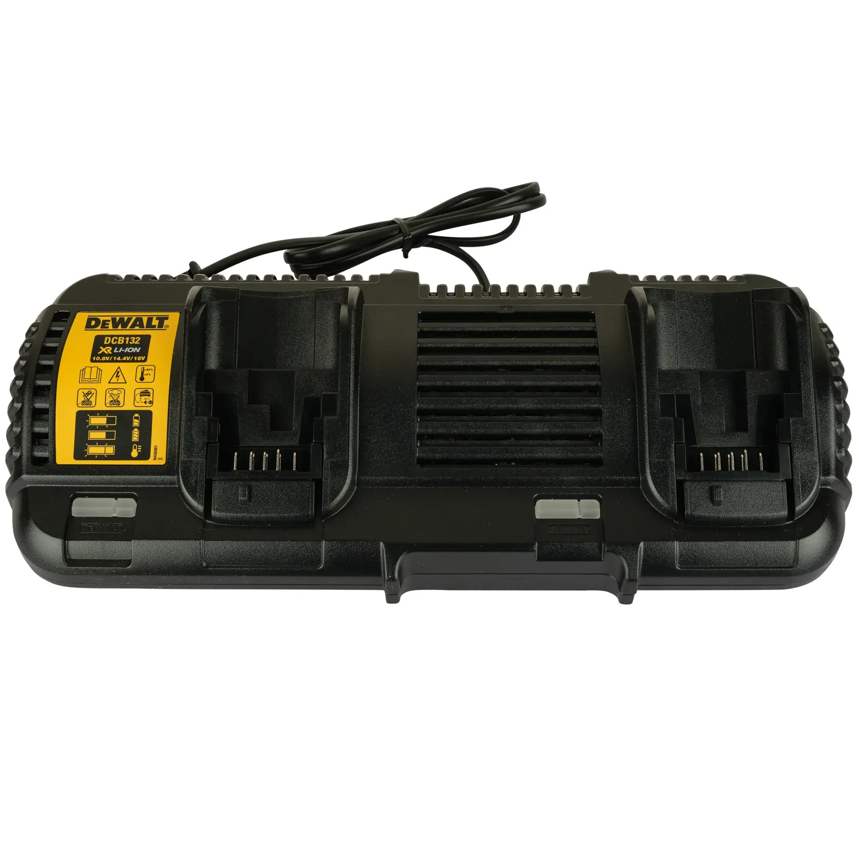 DEWALT DCB132 Doppel-Akkuladegerät in Schwarz mit gelbem Label und Kabel, Vorderansicht.