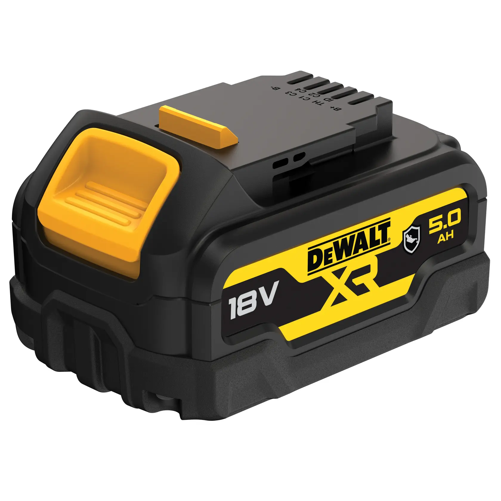 Wiederaufladbarer DEWALT XR 18V 5,0Ah-Akku für Elektrowerkzeuge mit einem schwarzen und gelben Design und Markenaufdruck an der Seite.