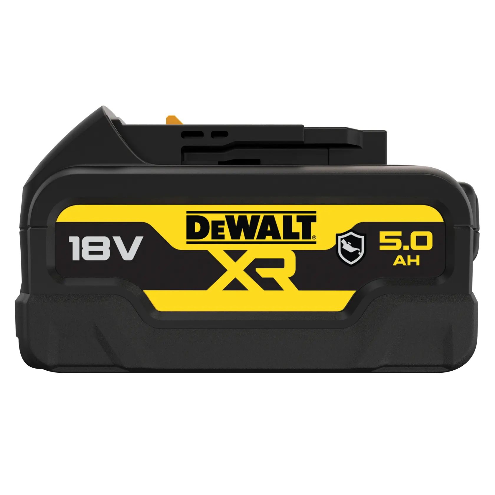 Wiederaufladbarer DEWALT XR 18V 5,0Ah Akku für Elektrowerkzeuge, schwarz mit gelbem Branding und Symbol für langlebiges Design.