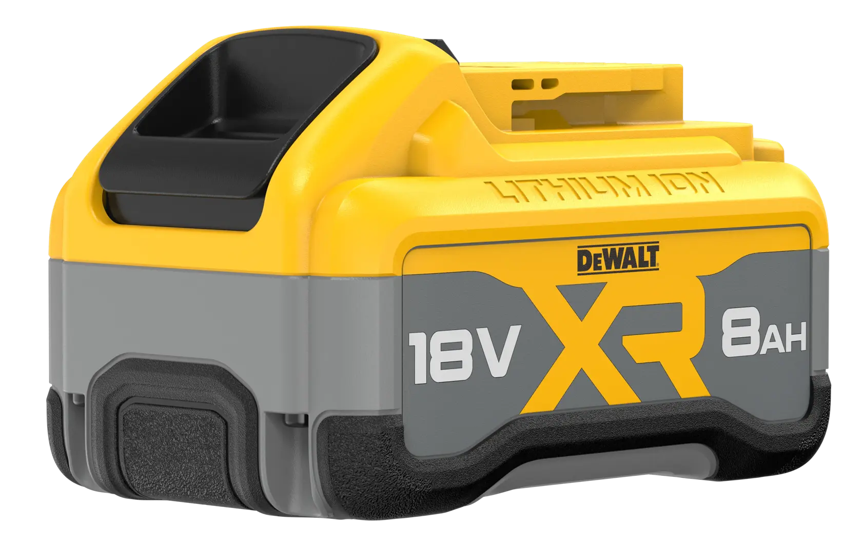 Batería DEWALT XR 18V 8Ah de ion-litio, amarilla y gris, diseño compacto para herramientas eléctricas.