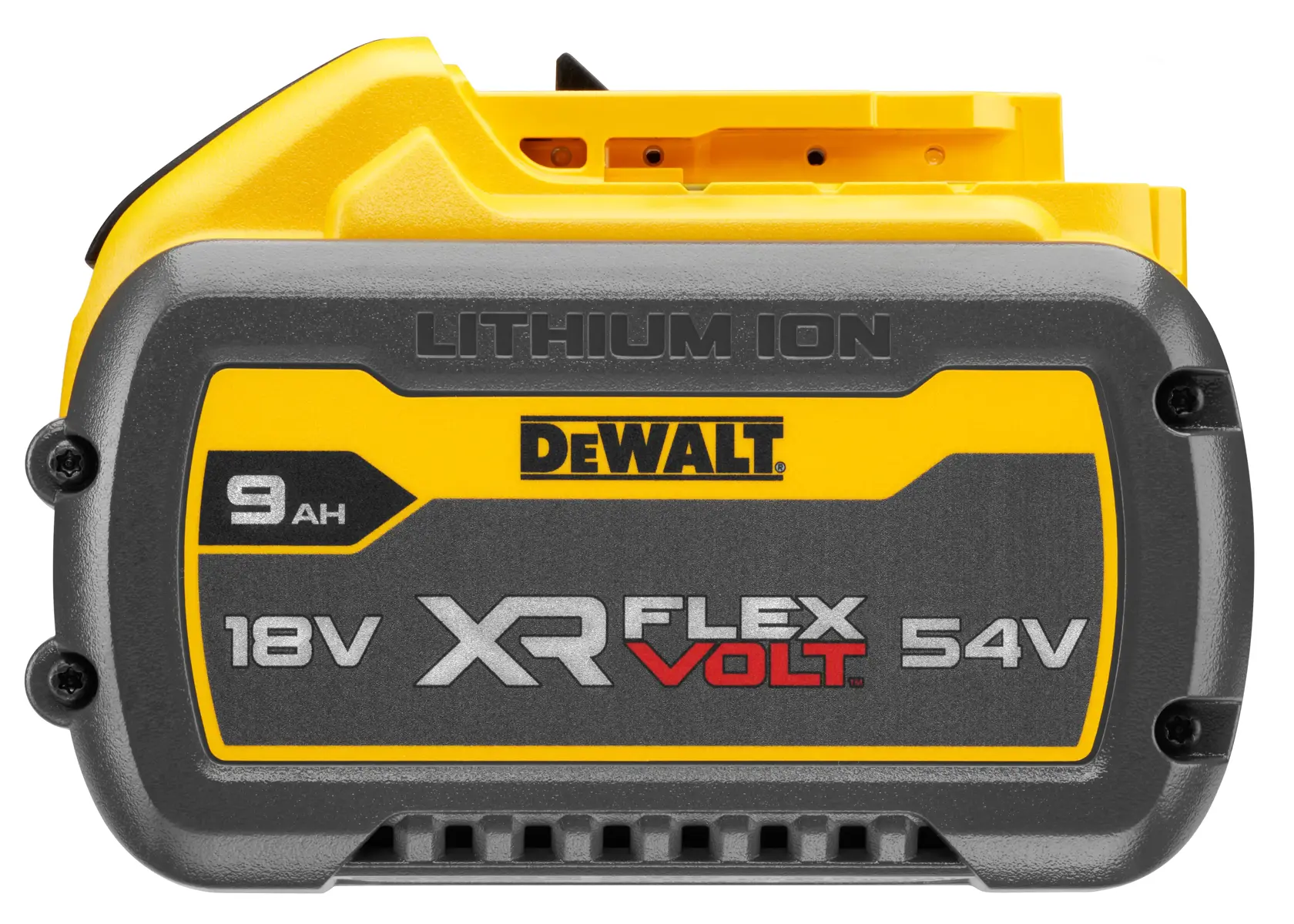 Logo DEWALT FLEXVOLT avec DEWALT en lettres jaunes et épaisses et FLEXVOLT en lettres blanches et rouges sur un fond noir.