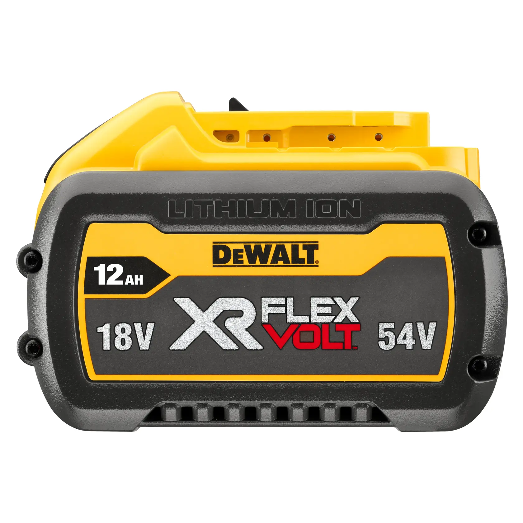 Logo DEWALT FLEXVOLT avec DEWALT en lettres jaunes et épaisses et FLEXVOLT en lettres blanches et rouges sur un fond noir.
