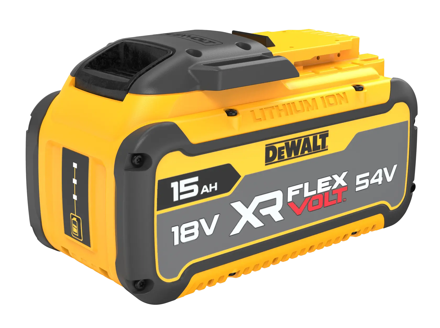 Logo DEWALT FLEXVOLT avec DEWALT en lettres jaunes et épaisses et FLEXVOLT en lettres blanches et rouges sur un fond noir.