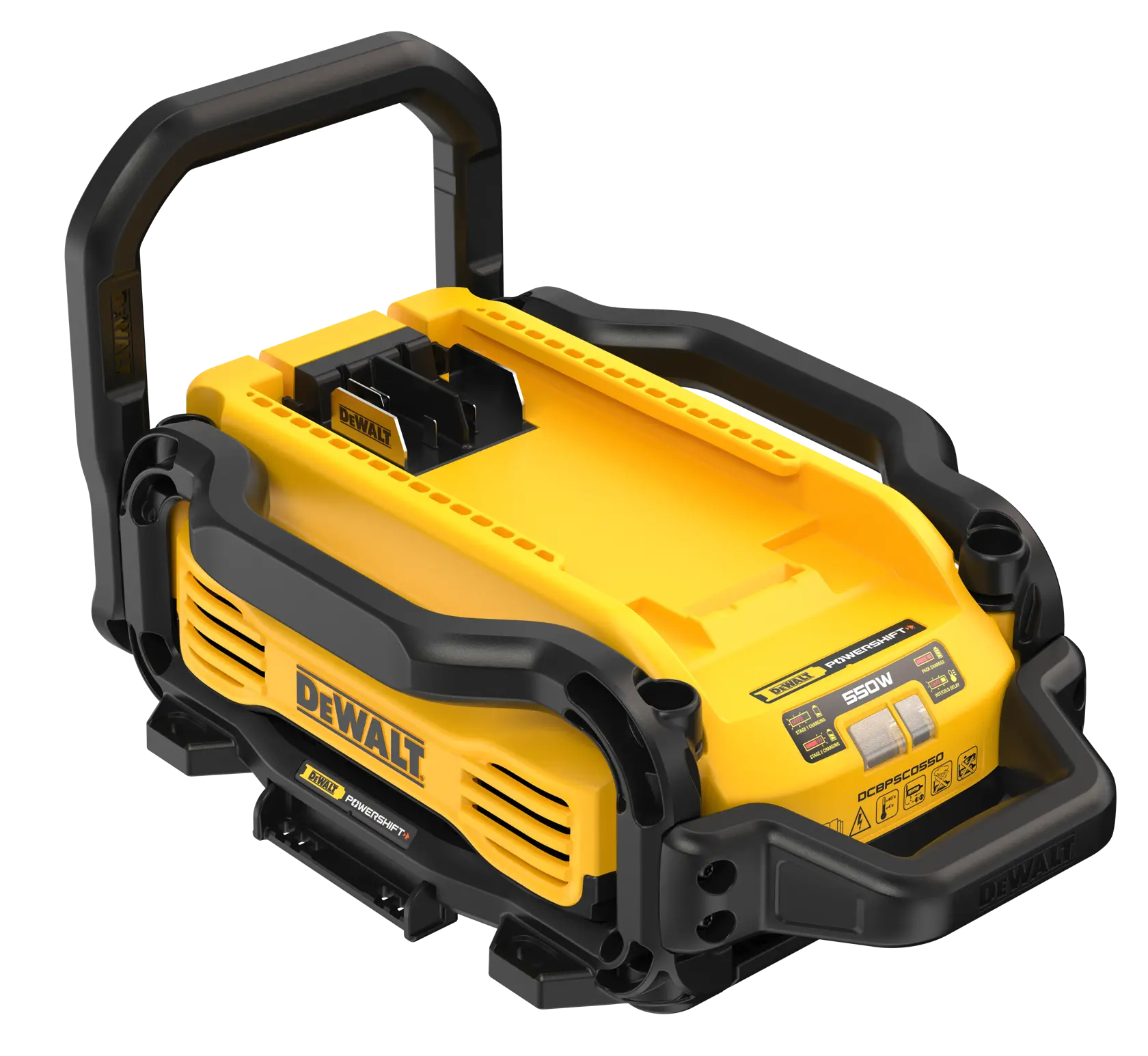 DEWALT DCBPSC0550 estación de energía portátil amarilla y negra con asa y ranura para batería.
