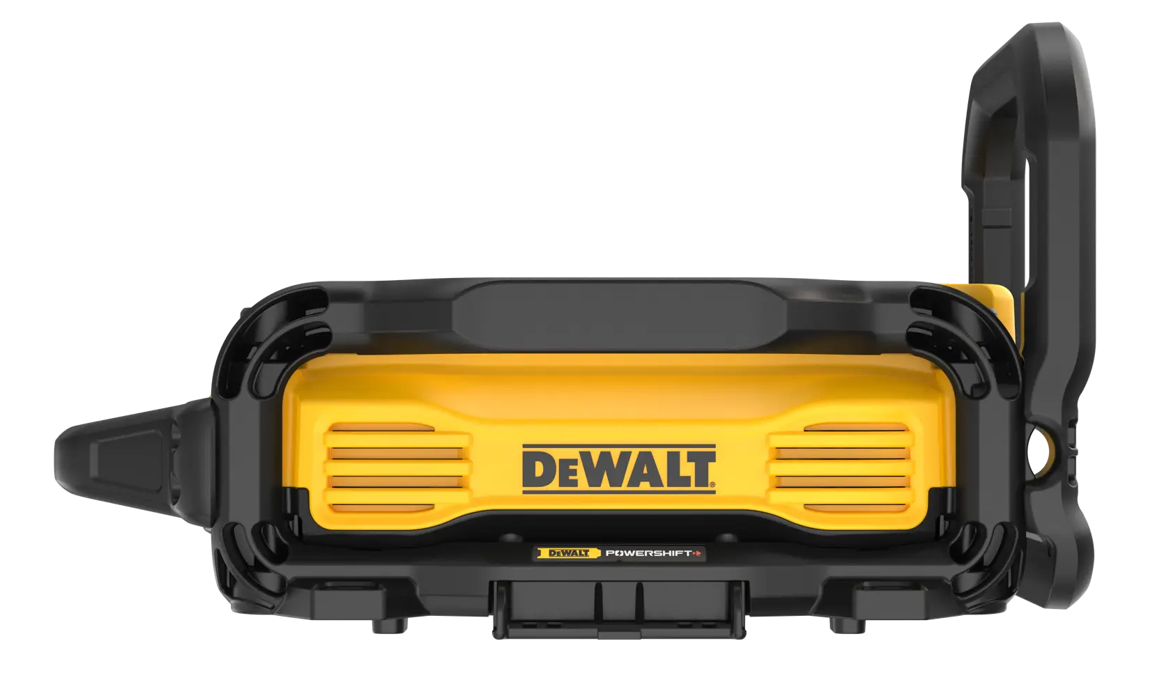 Accesorio de cámara DEWALT amarillo y negro visto de frente, con asa a la derecha.