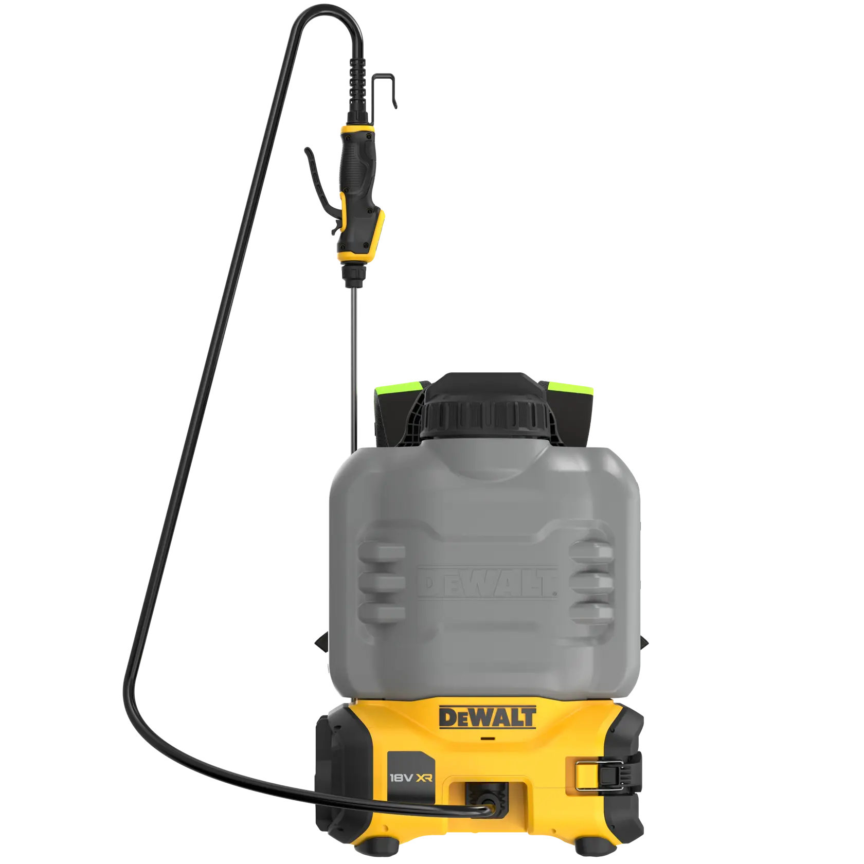 DEWALT sprayer DCCS1100N-XJ, DCCS1100N, photography product, yellow and grey plastic tank with hose.