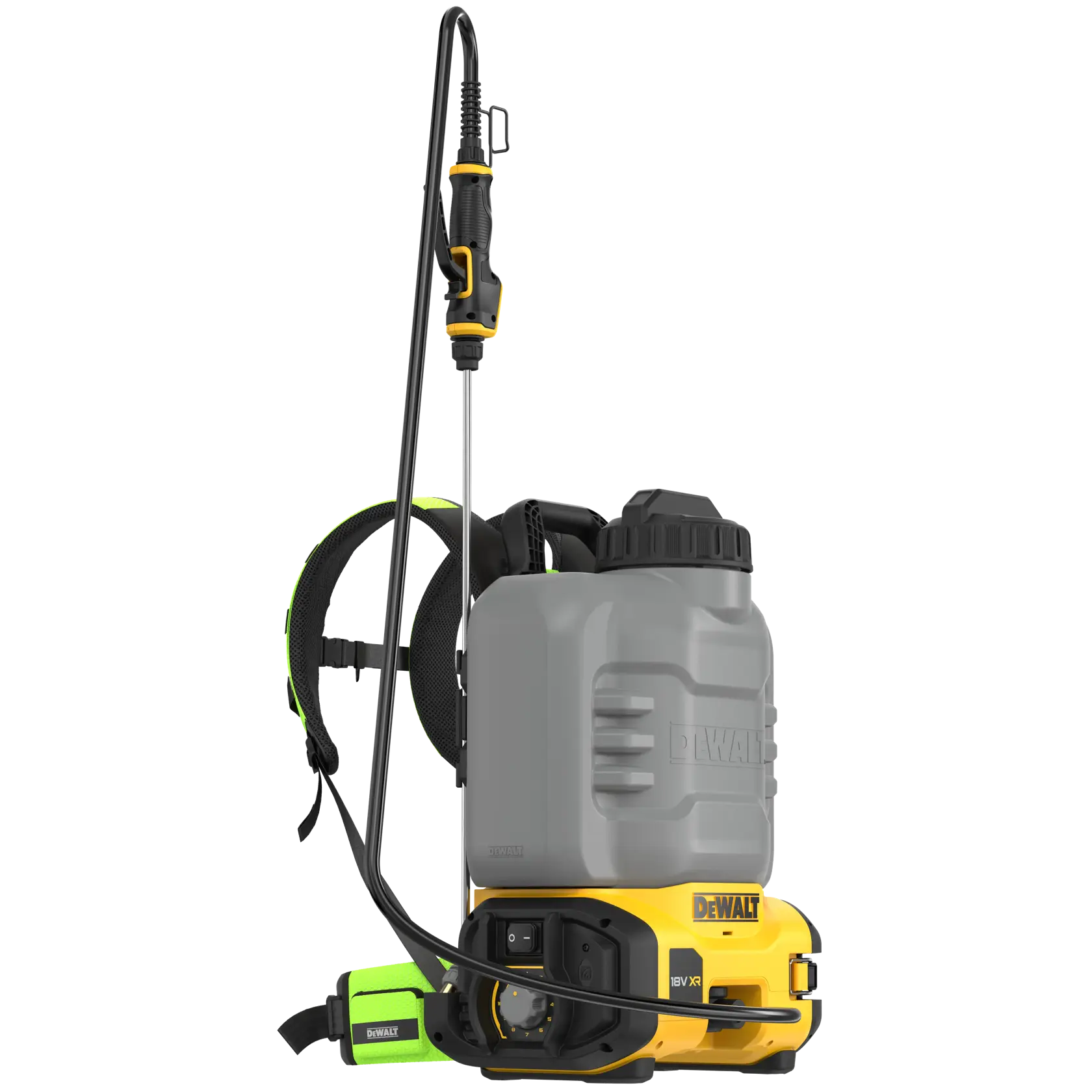 DEWALT backpack sprayer for photography, SKUs DCCS1100N-XJ, DCCS1100N. Grey tank, yellow base, black straps.