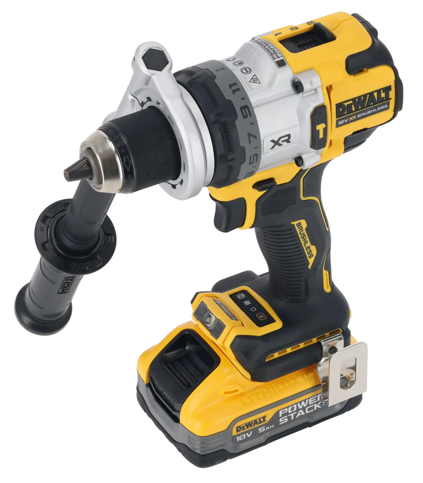Taladro inalámbrico DEWALT 18V con batería PowerStack y mango lateral, amarillo y negro, motor sin escobillas.