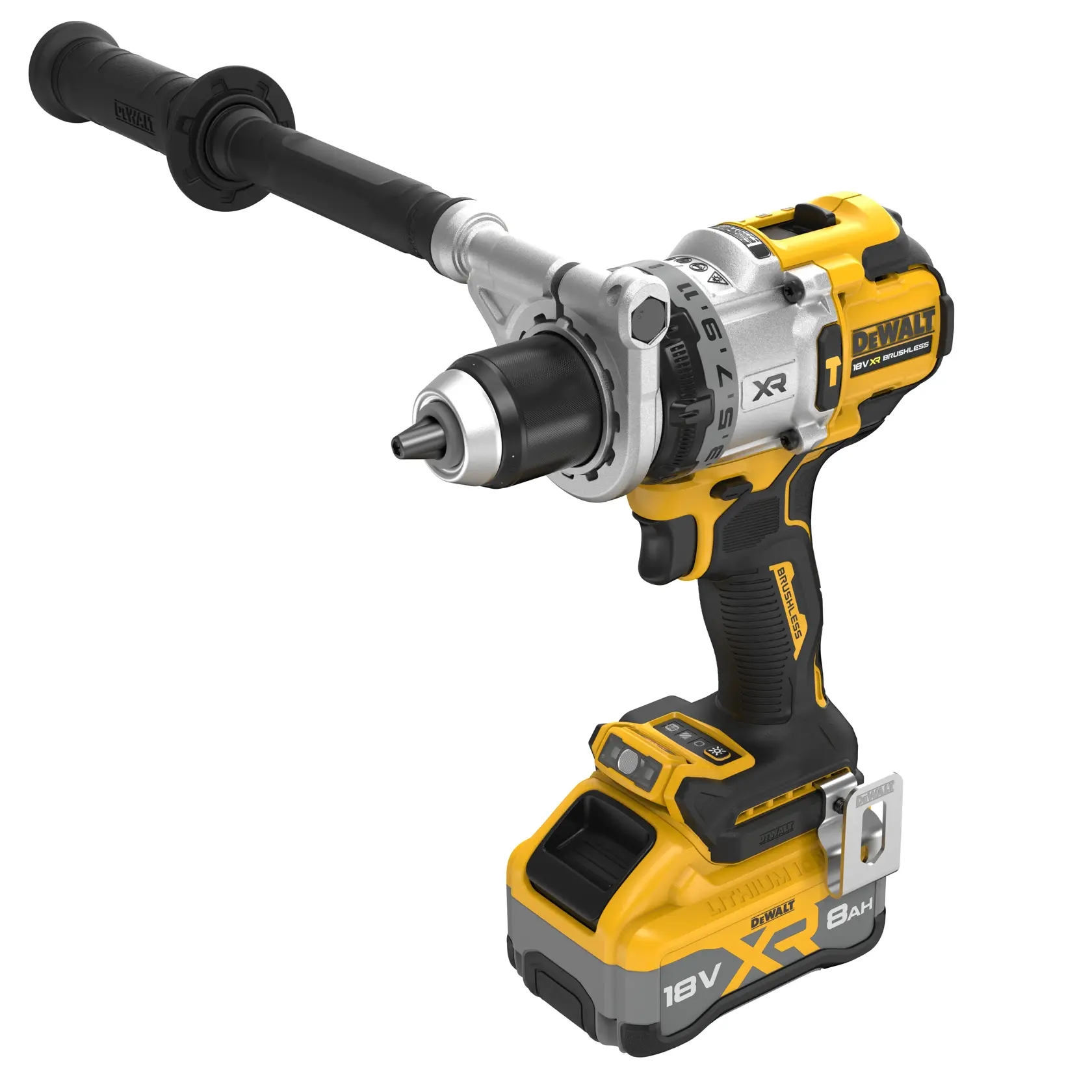 Taladro inalámbrico DEWALT 18V con asa auxiliar, diseño negro y amarillo, para tareas exigentes.