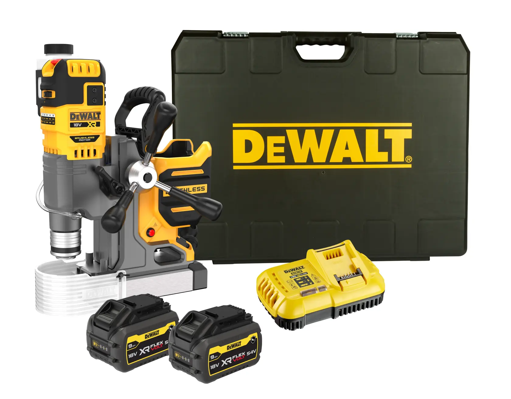 DEWALT magnetic drill kit with carry case, two batteries, and charger.