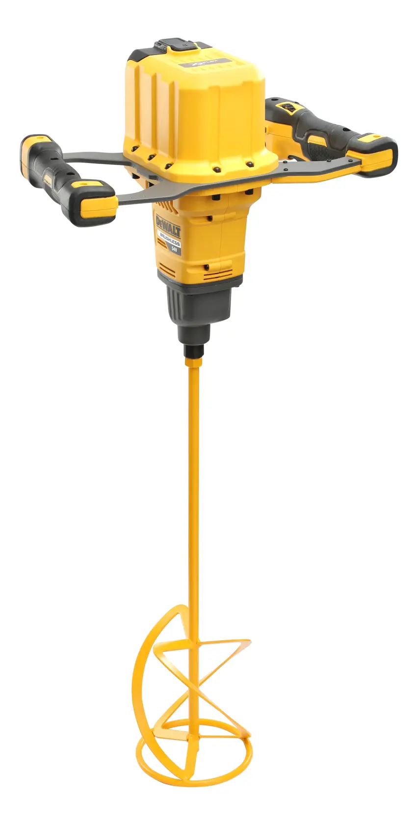 Mezclador de paleta DEWALT amarillo de doble asa, mostrado vertical con accesorio para mezclar.